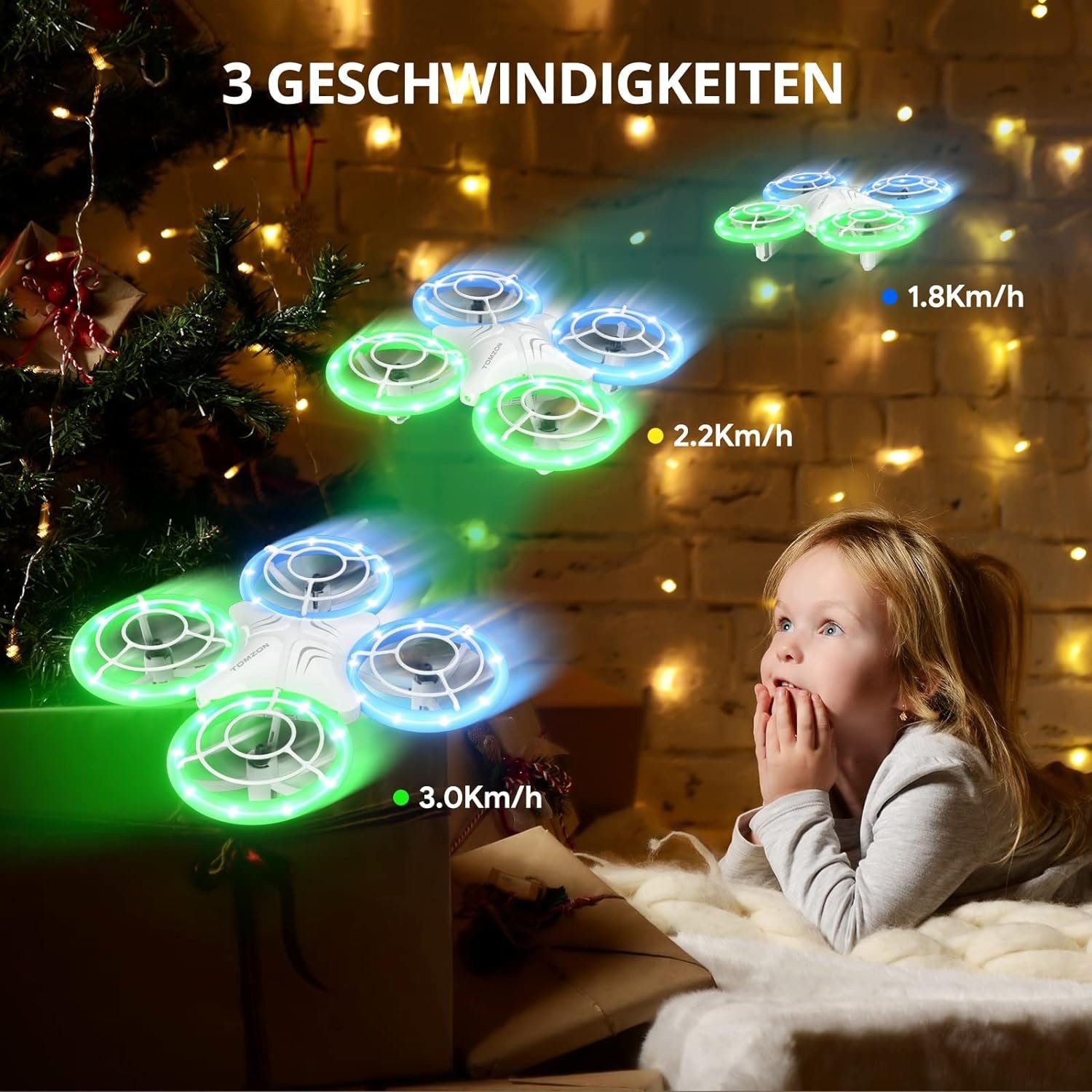 Tomzon Mini Drohne für Kinder, Blauen und Grünen LED Lichter Drohne (Fliege mit Leichtigkeit: 2 Akkus, 3D-Flip, Kopflos-Modus, für Anfänger)