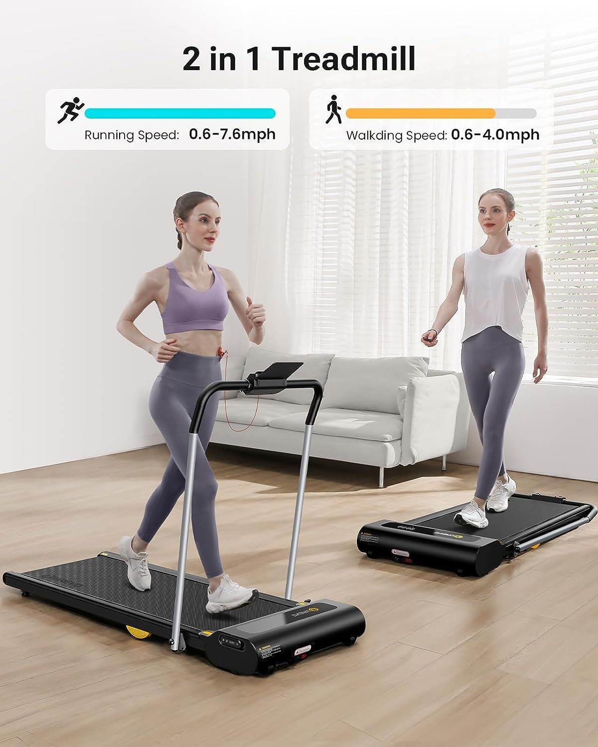 homeTro Laufband (2 in 1 Walking Pad mit intelligentem Drehschalter Laufband für zuhause), mit doppelter Stoßdämpfung, 3 HIIT Modes laufband klappbar mit großem