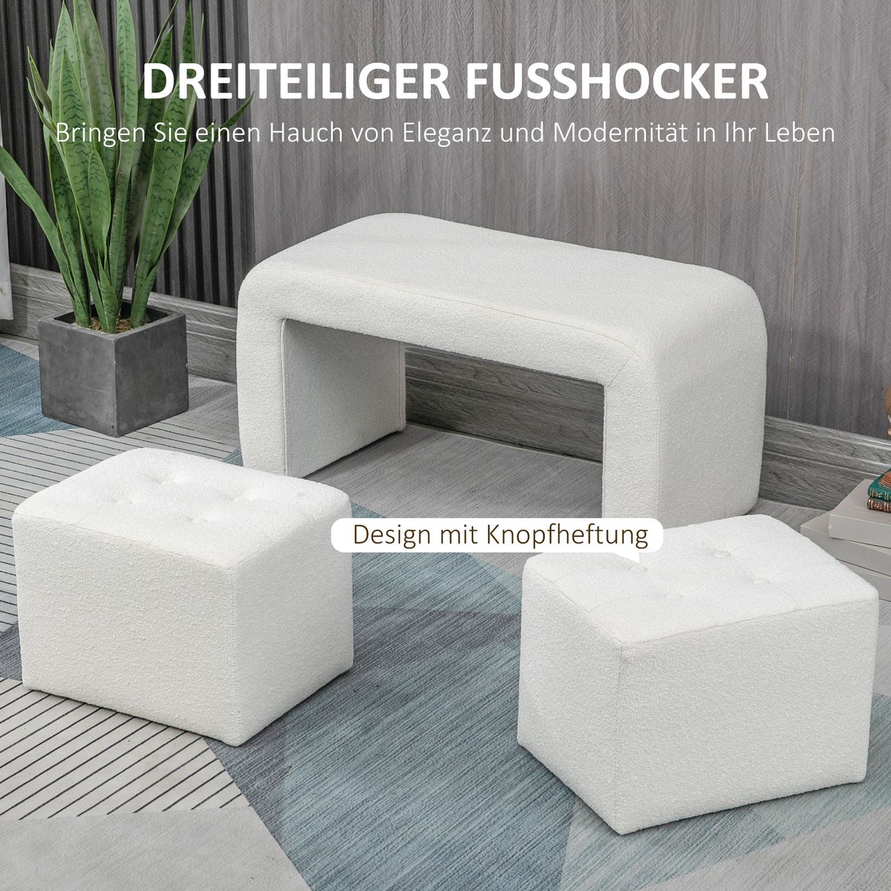 HOMCOM Fußhocker 3 tlg.,Sitzhocker, Ottomane mit 3 Hockern, Fußstütze, Weiß