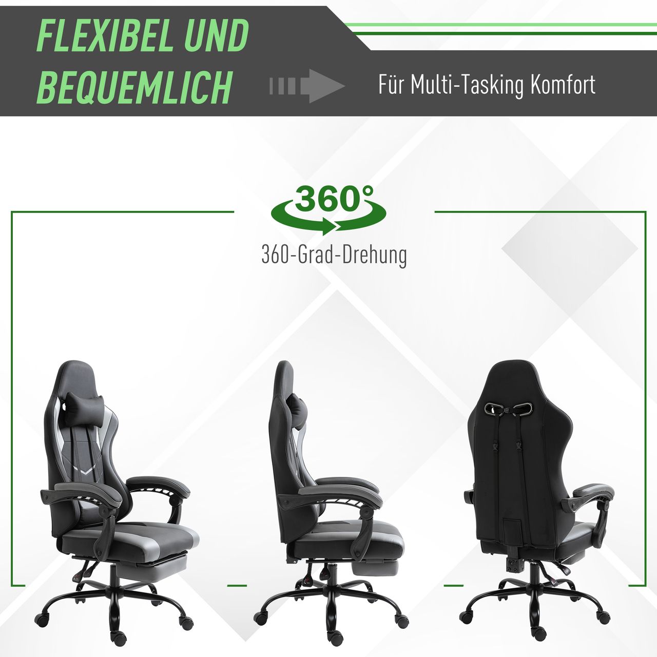 Vinsetto Ergonomischer Gaming Stuhl Bürostuhl Schreibtischstuhl, Drehstuhl Höhenverstellbar, Verstellbares Massage Lendenkissen mit Fußstützen Schwarz 62x52x128 cm