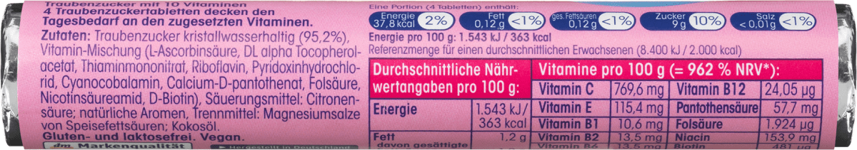 Traubenzucker, Himbeere mit 10 Vitaminen, 44 g