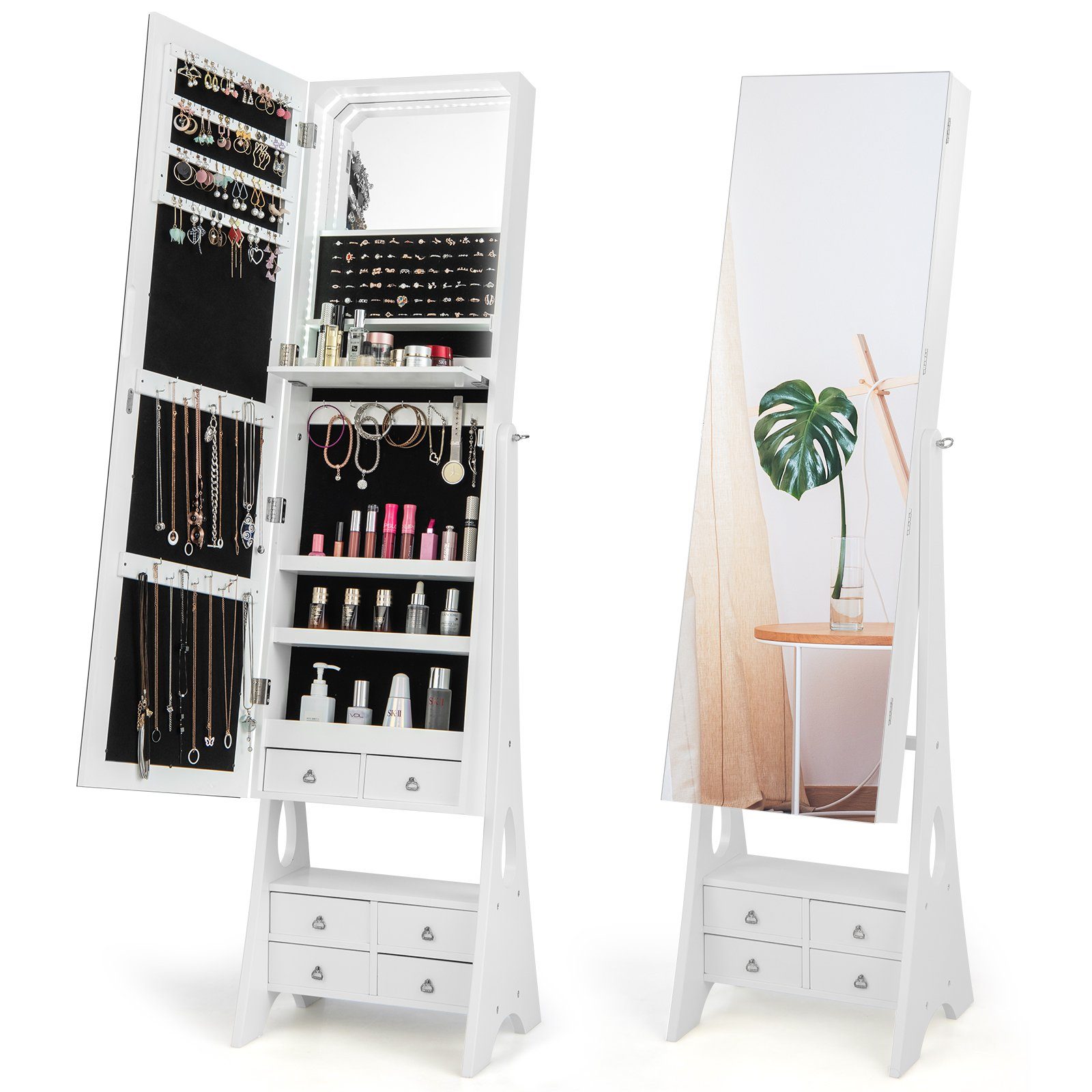 COSTWAY Schmuckschrank stehend, mit Spiegel, LED & Schubladen, weiß, 159cm
