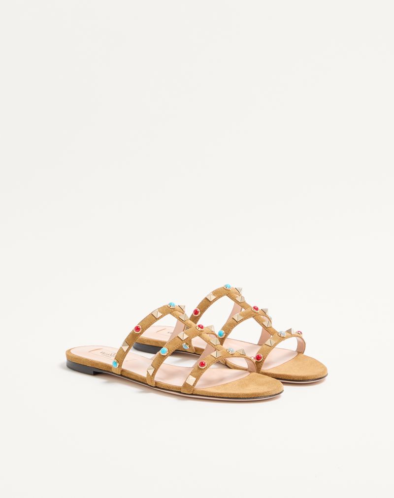 Rockstud Slide Sandal i Splitlæder med Cabochonsten