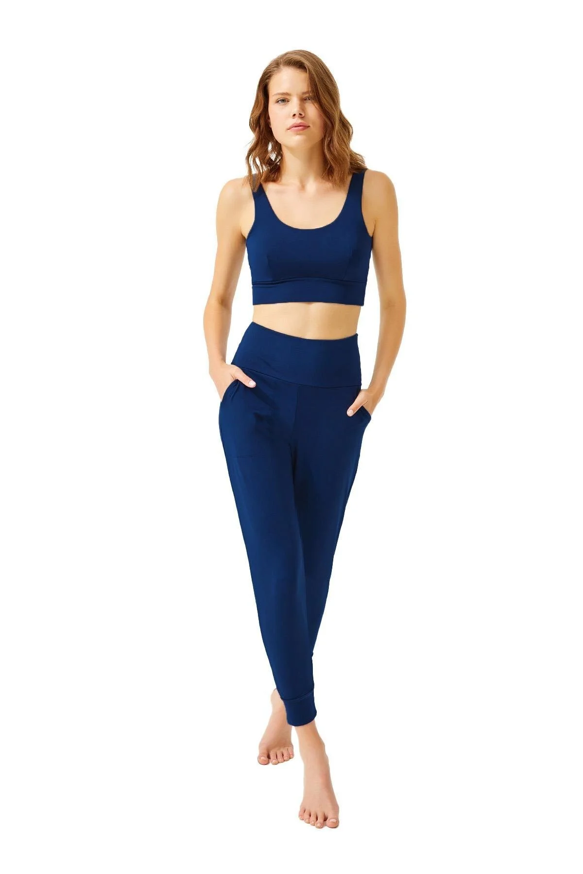 Cottonhill  Marineblaue Damen-Jogger-Jogginghose mit hoher Taille und doppelten Taschen