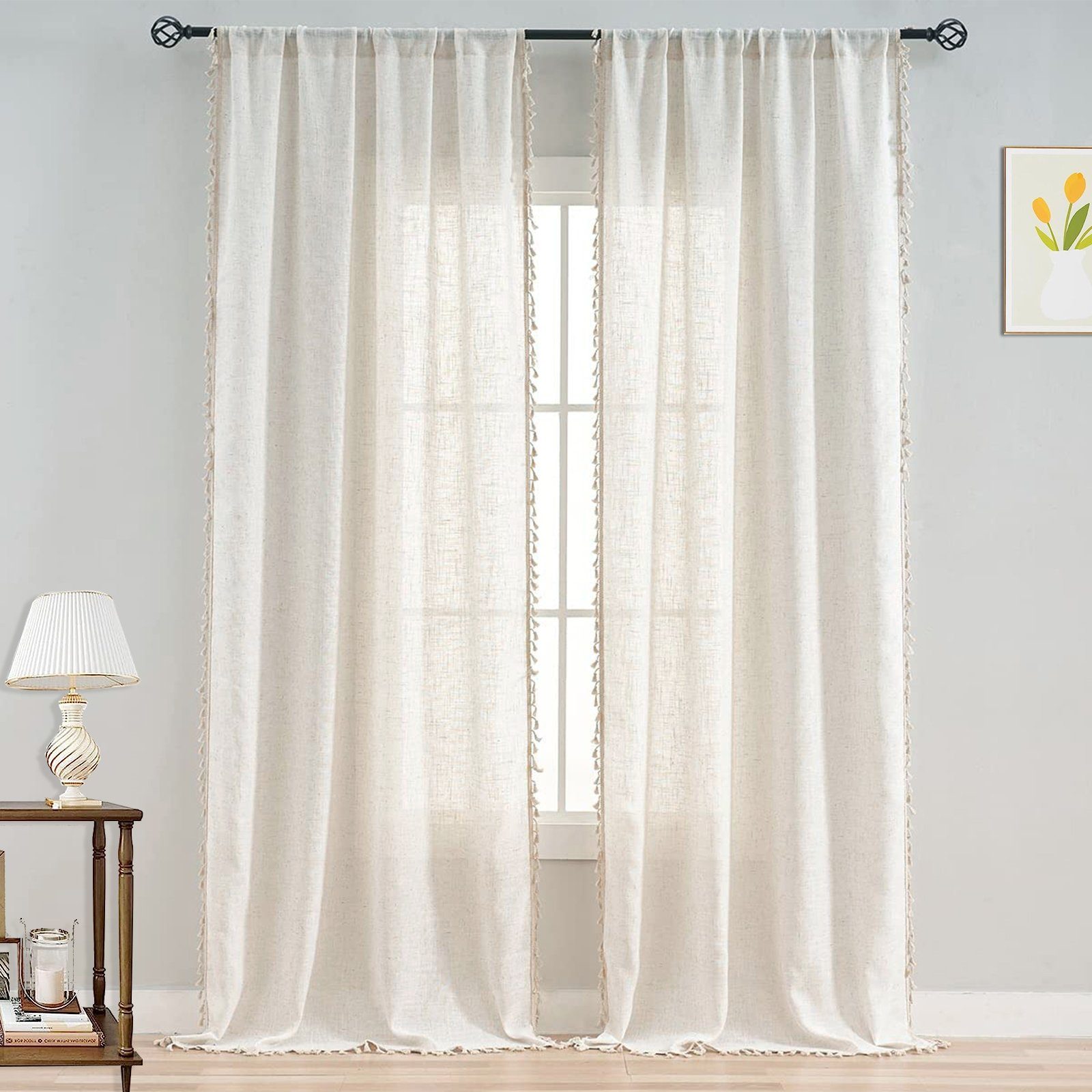 Schiebegardine Retro Vorhänge mit Quasten,Voile Gardinen Boho Vorhänge, BTTO, (1 St), transparent, mit Stangedurchzug, Bistrogardine, für Wohnzimmer Schlafzimmer