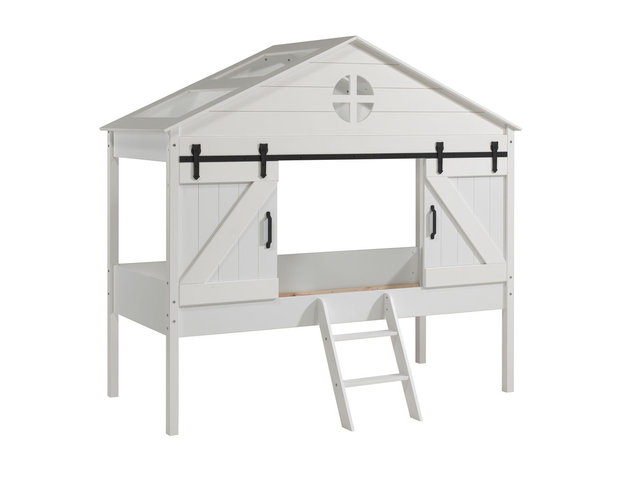 VIPACK BARNIE, halbhohes Bett in Scheunen Optik, Liegefläche 90 x 200 cm, ohne Lattenrost, Weiß lackiert