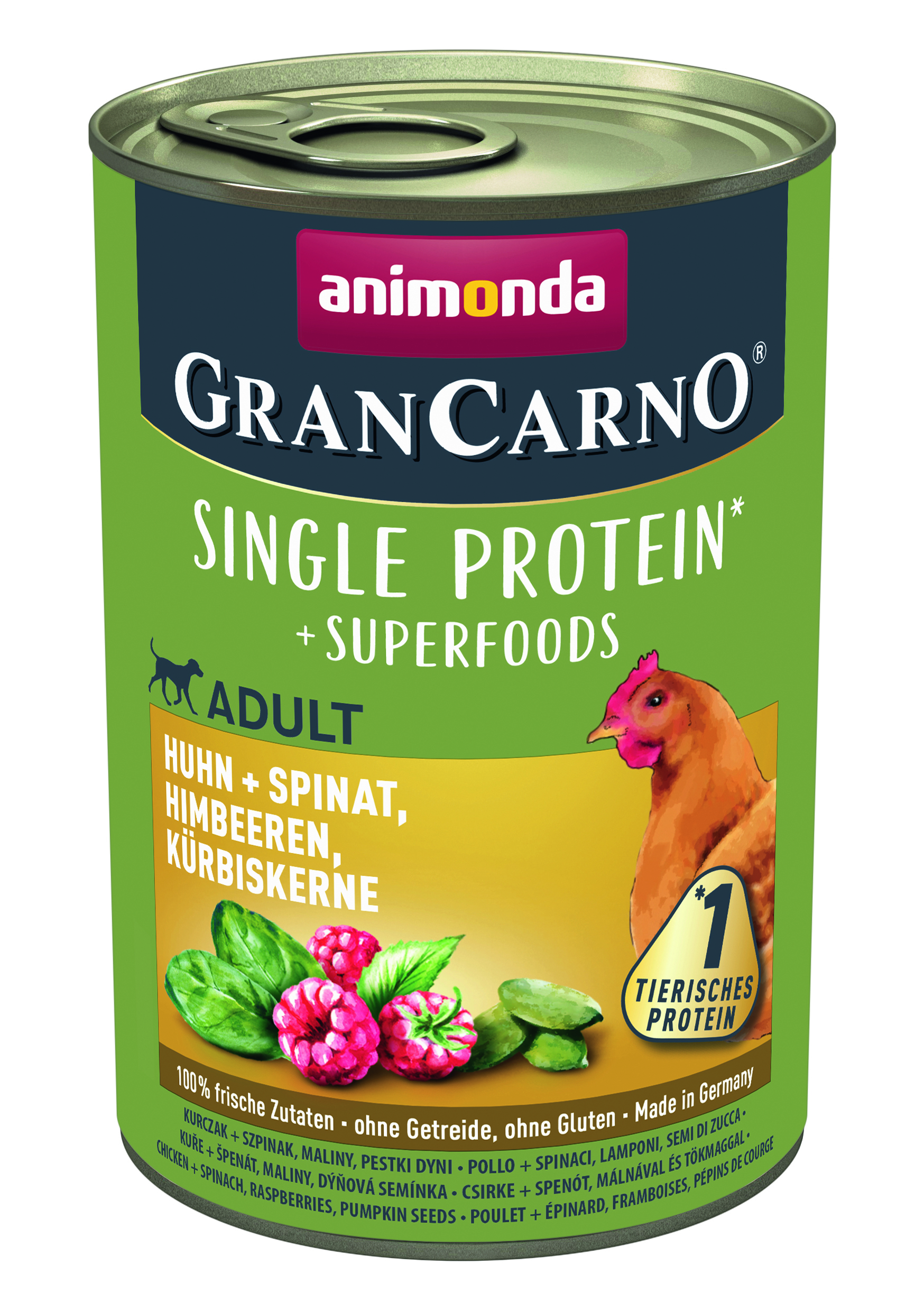 Animonda Hundenassfutter Animonda GranCarno Single Protein Superfoods Huhn & Spinat, Himbeeren, Kürbiskerne 24x400 g