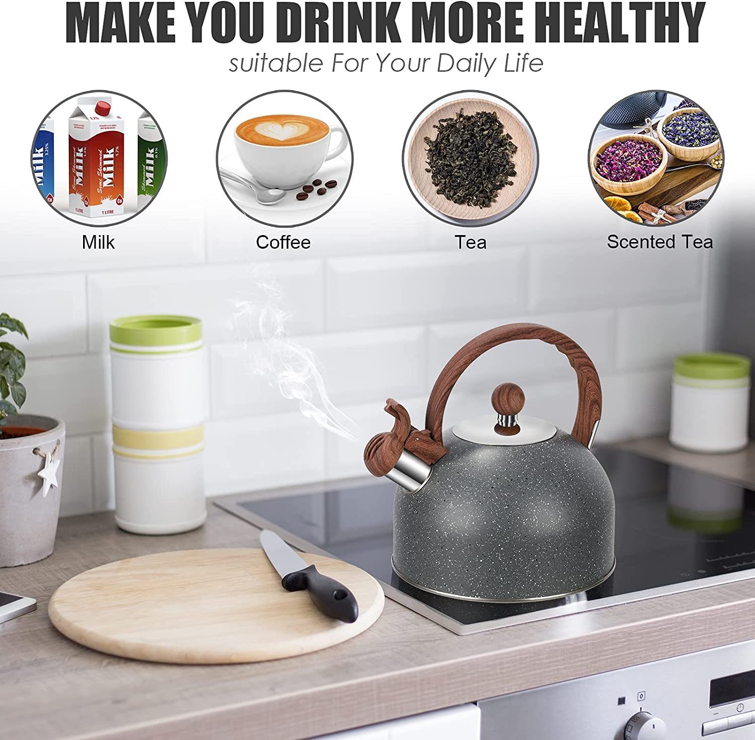 Novzep Wasserkessel Teekessel Induktion 2.5L,Edelstahl Pfeifkessel Tea Kettle mit Griff, Edelstahl, für GlasKeramikherd, Gas für Alle Herdarten Elektroherd