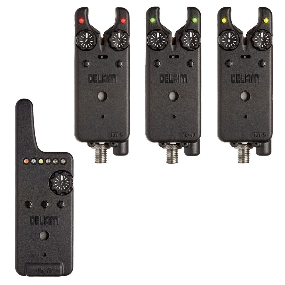 3er-Pack Delkim TXI-D Karpfenbissanzeiger + RX-D Empfänger (rot, grün, gelb)