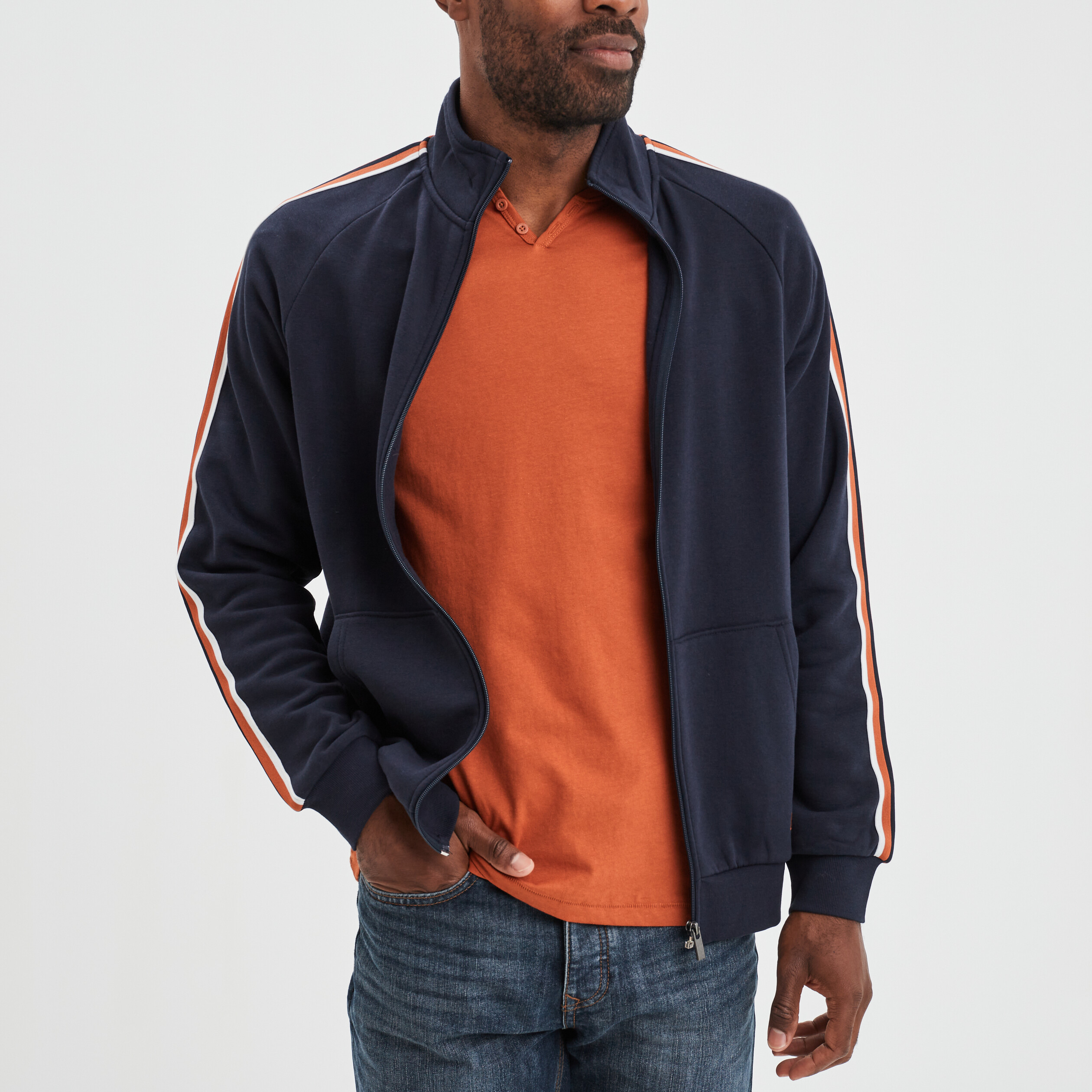 Sweat zippé col montant et bandes Creeks bleu foncé homme | La Halle