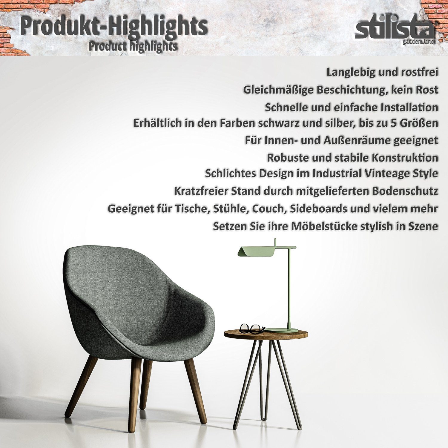 STILISTA Möbelfuß Hairpin Legs Haarnadelbeine Tischbeine Möbelbeine, (Satz, 4 Stk), DIY, 2 Streben, Industriedesign, Farb- und Größenwahl