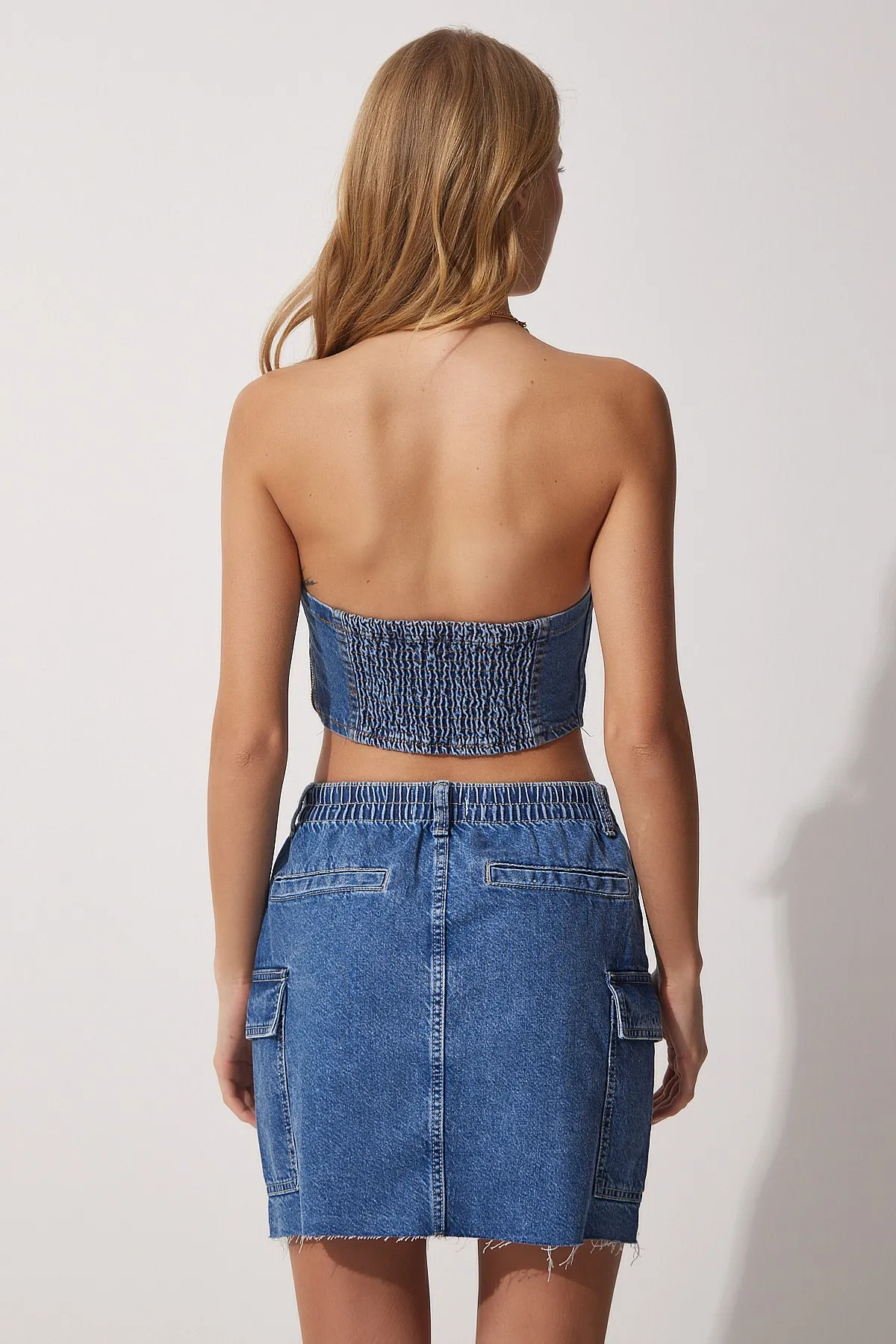 Happiness İstanbul  Blaues Jeans-Bustier mit Herzkragen für Damen OK00048