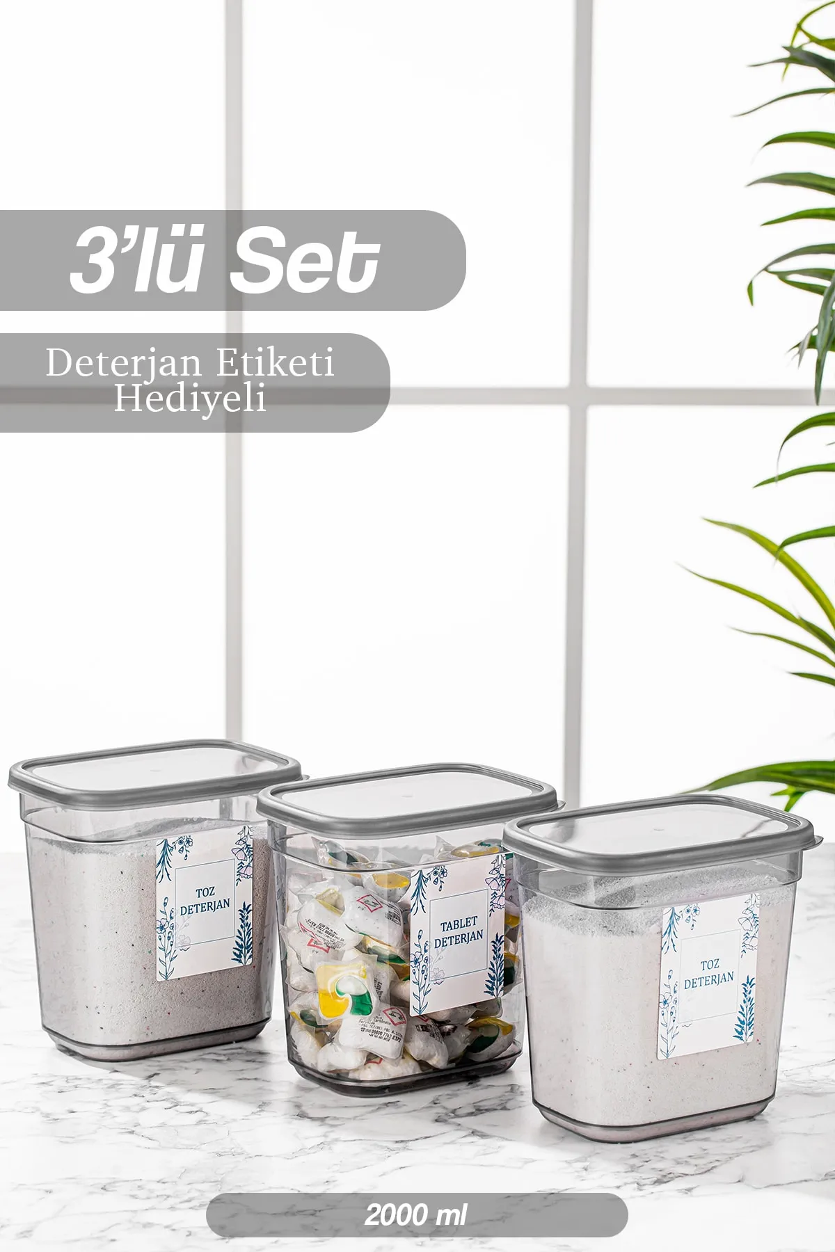 Meleni Home  Set mit 3 beschrifteten rechteckigen Elina-Aufbewahrungsbehältern – Tabletten-Reinigungsmittel-Aufbewahrungsbox 3 x 2000 ml
