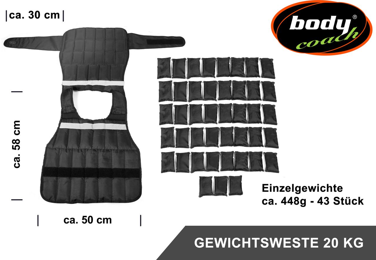 L.A. Sports Body Coach Fitness Gewichtsweste 20kg Gewicht anpassbar Größe verstellbar Unisex