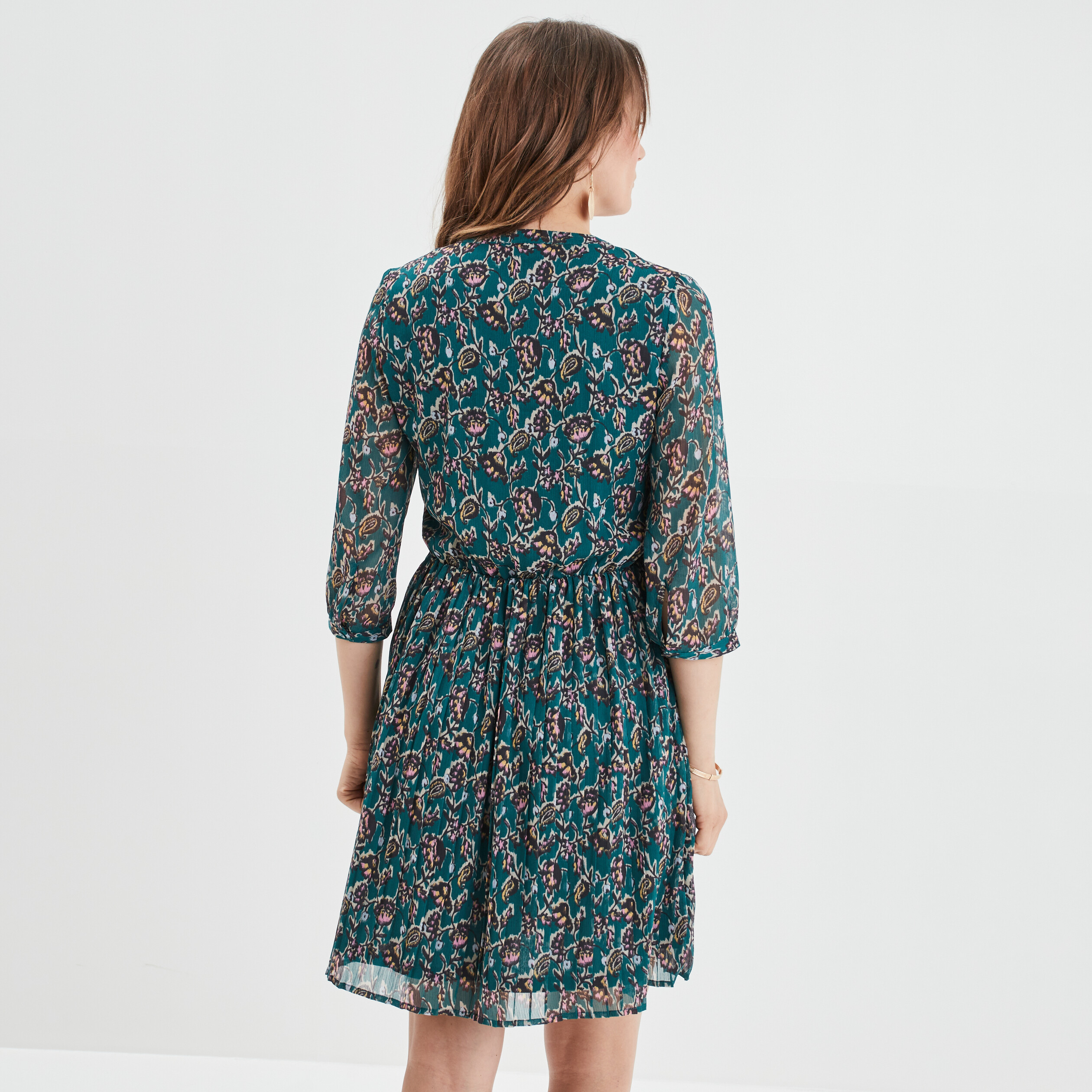 Robe évasée bas plissé manches 3 4 vert foncé femme | La Halle