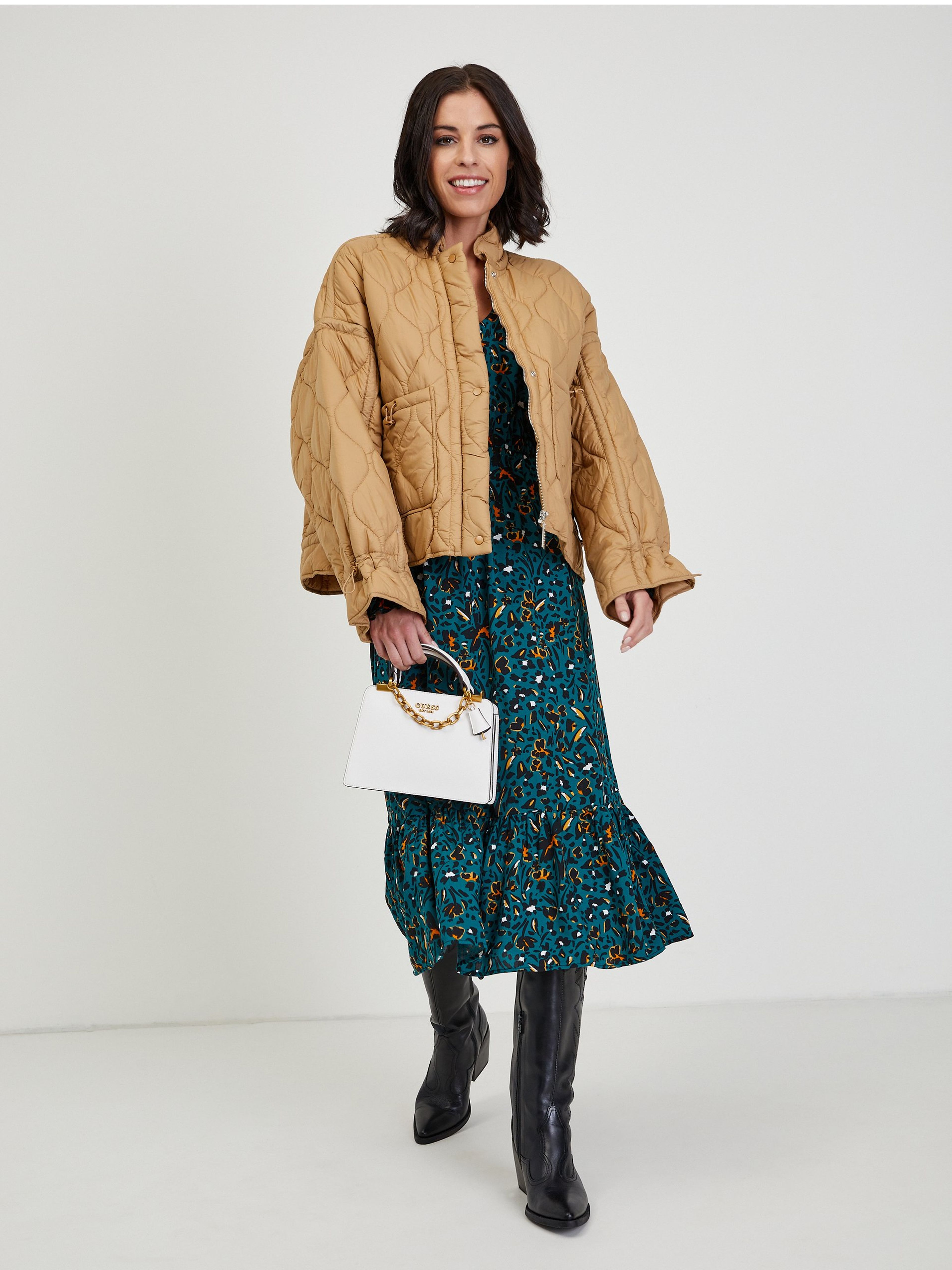 Dunkelgrünes gemustertes Damen Midikleid ORSAY