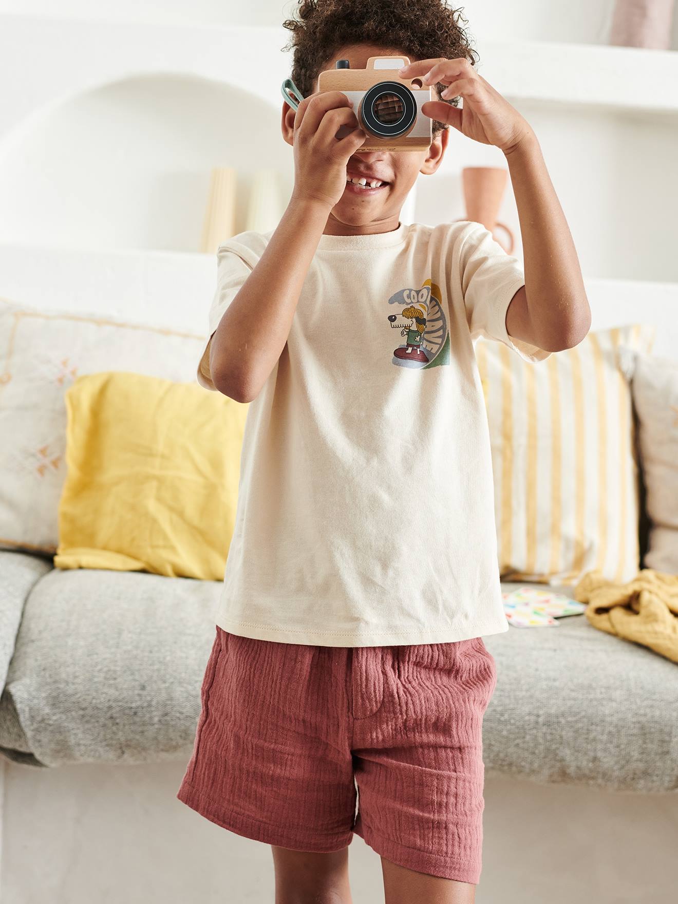 Ensemble tee-shirt et short en gaze de coton garçon terracotta