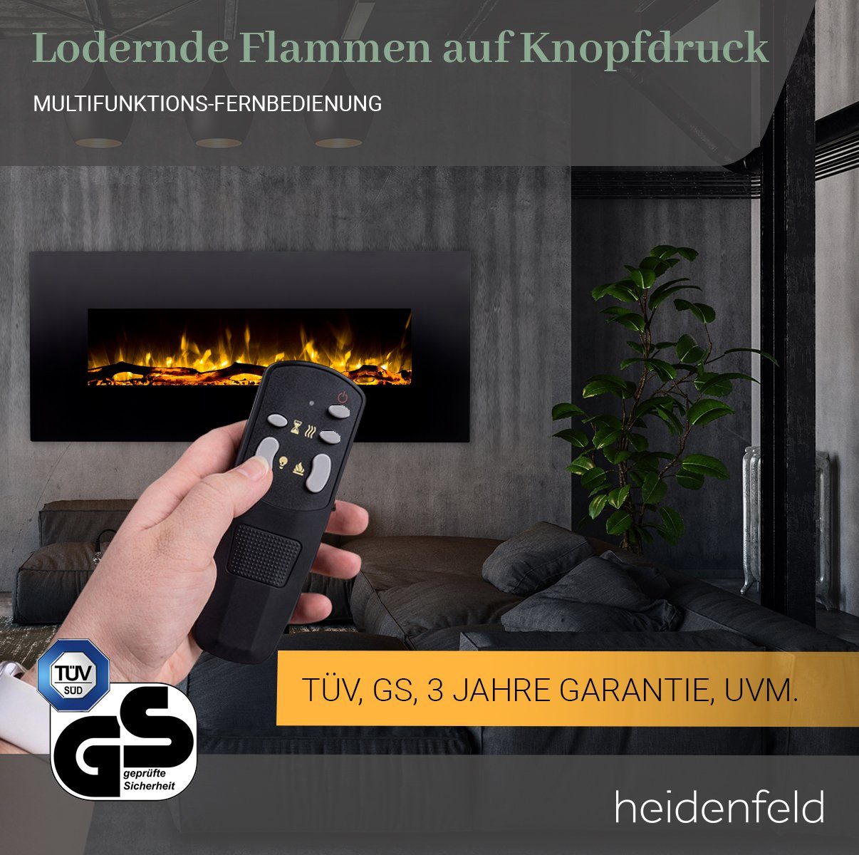 Heidenfeld Elektrokamin Kamin Heizung Wandkamin HF-WK300 750/1500 Watt inkl. 3 J. Garantie, 3D Flammen - 10 wählbare LED Farben - Fernbedienung - Elektroheizung
