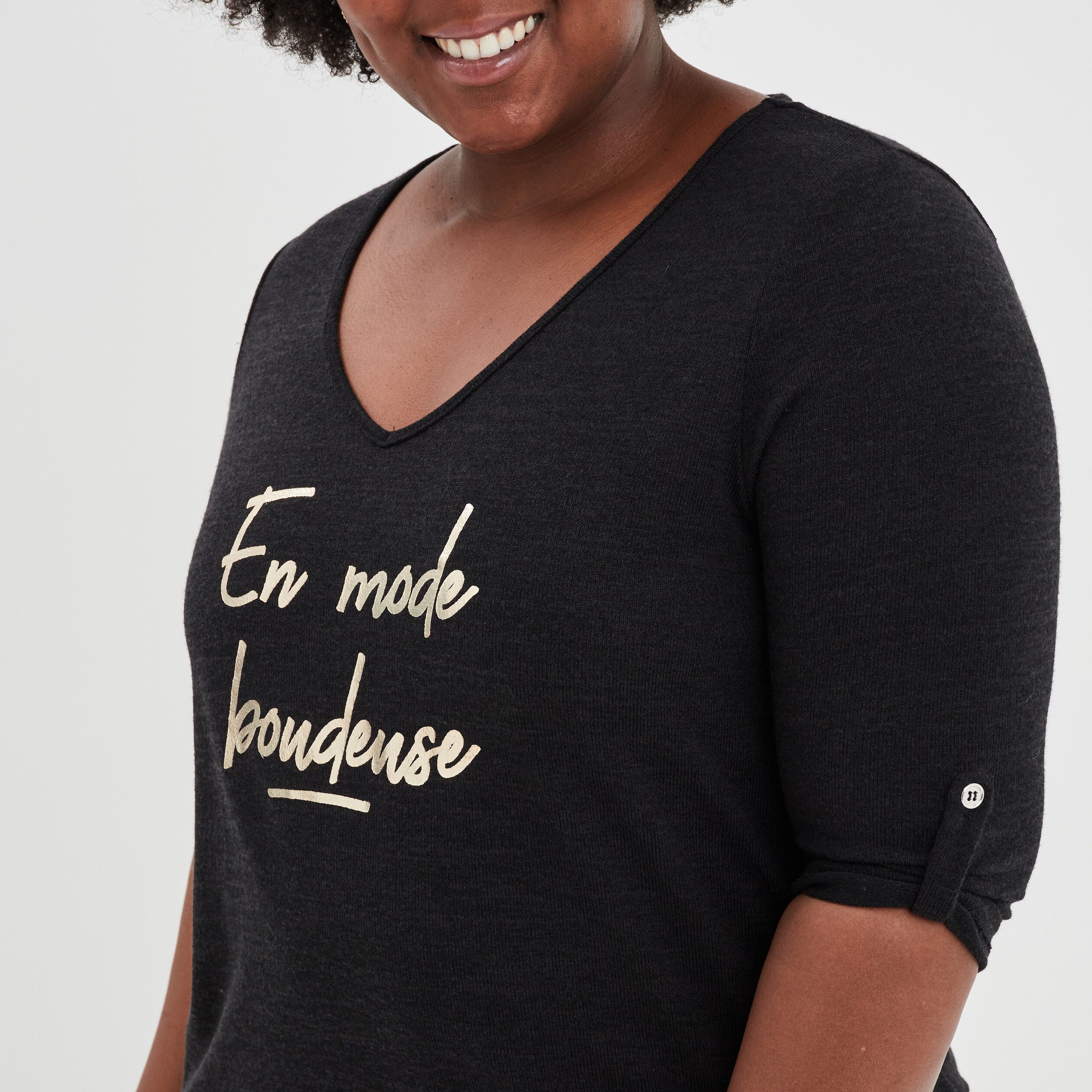 Pull col en V manches 3 4 noir femme grande taille | La Halle