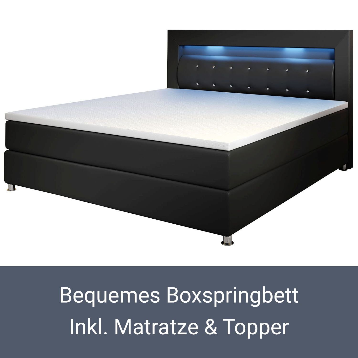 Juskys Boxspringbett Montana, 120x200 cm, Einzelbett mit Topper, Kopfteil und LED-Beleuchtung