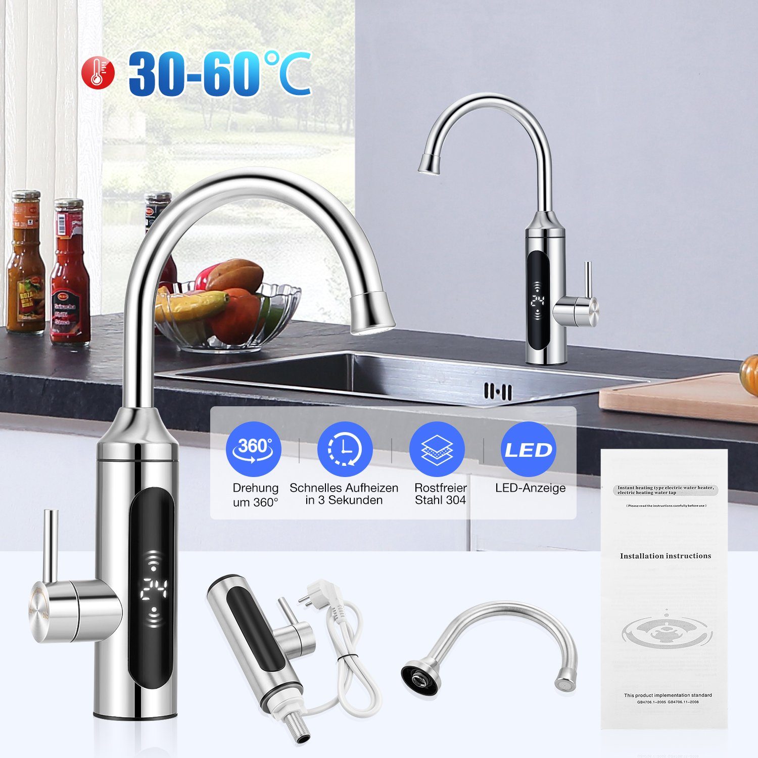 oyajia Klein-Durchlauferhitzer Küchenarmatur 3KW Elektrischer Wasserhahn,LED Digitalanzeige,Edelstahl, Heizung Küche Durchlauferhitzer Sofort Warm Armatur