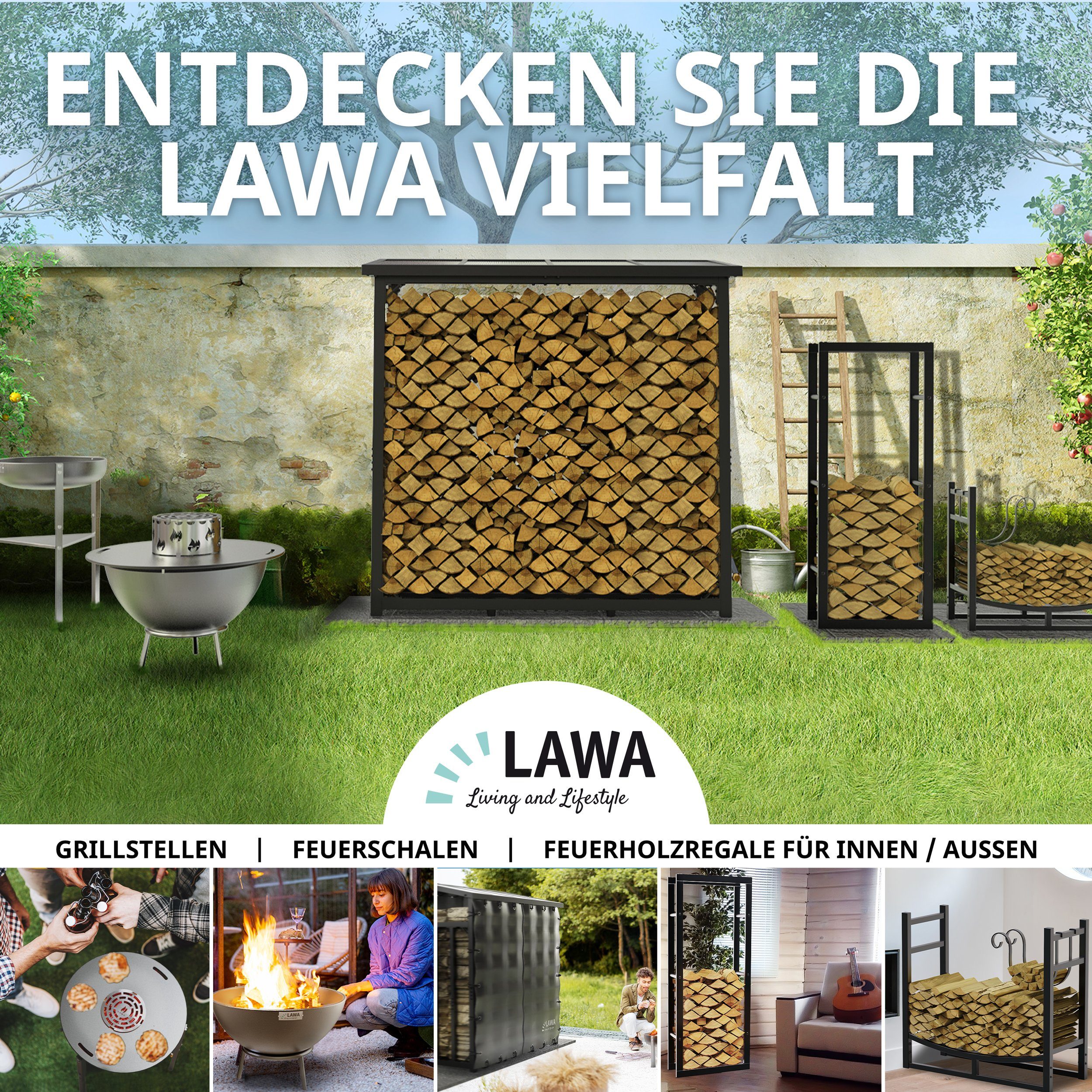 LAWA Living and Lifestyle Kaminholzregal außen Feuerholzregal innen Kaminholzhalter Stapelhilfe Brennholz, BxTxH:84x33x76 cm, verzinkt, pulverbeschichtet, stehend, liegend, BEIGE / CREMEWEIß