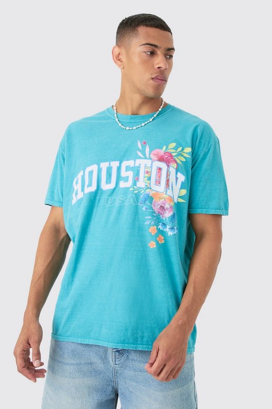 Oversize Rundhals T-Shirt mit floralem Houston Print