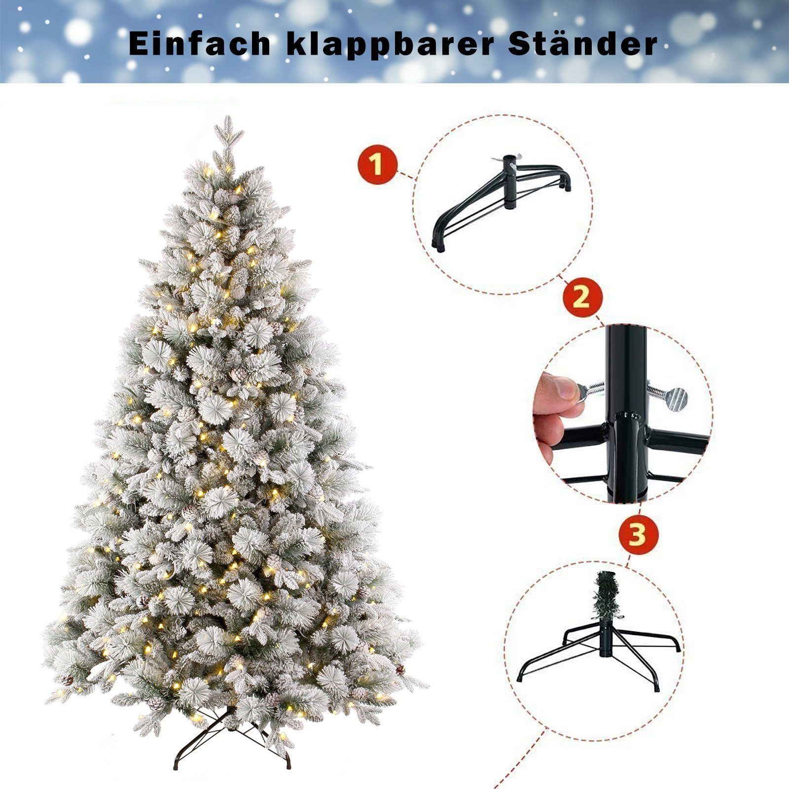 Sinaopus Künstlicher Weihnachtsbaum BW01 Tannenbaum mit beleuchtung, LED Christbaum, Schnee PE+PVC, mit 1000 Spitzen und 300 Warm-Weißen LED, 180 cm mit Metallständer