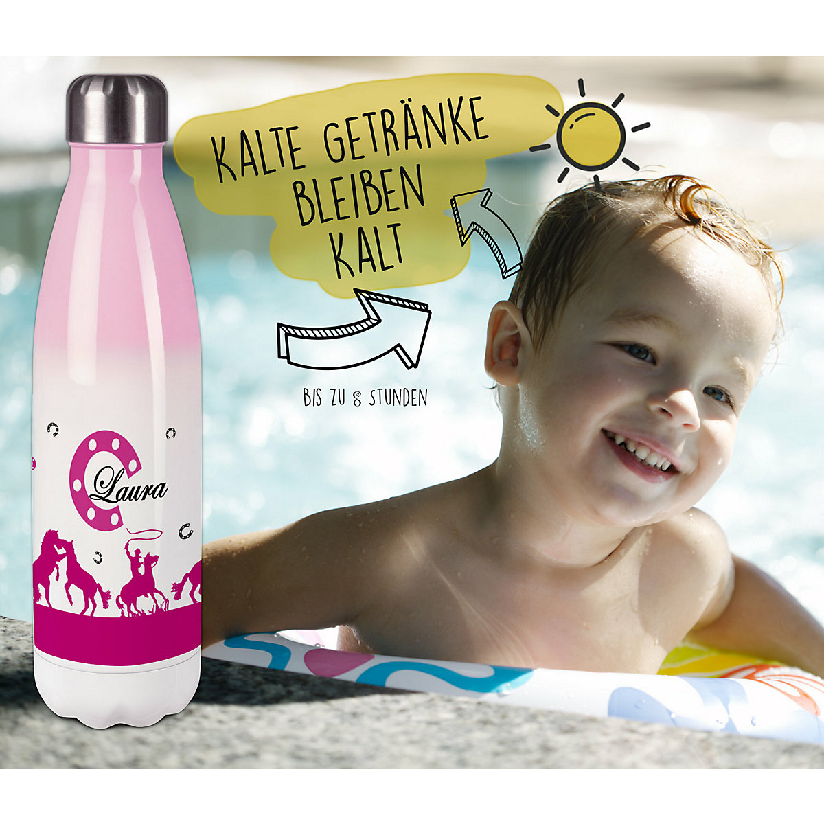 Edelstahl Kinder Thermoflasche / Trinkflasche bunt Cowboy Pferde Farbe pink Spülmaschinenfest, Auslaufsicher, Bruchfest, Doppelwandig, Für Heißgetränke geeignet, Mit Deckel, Isoliert