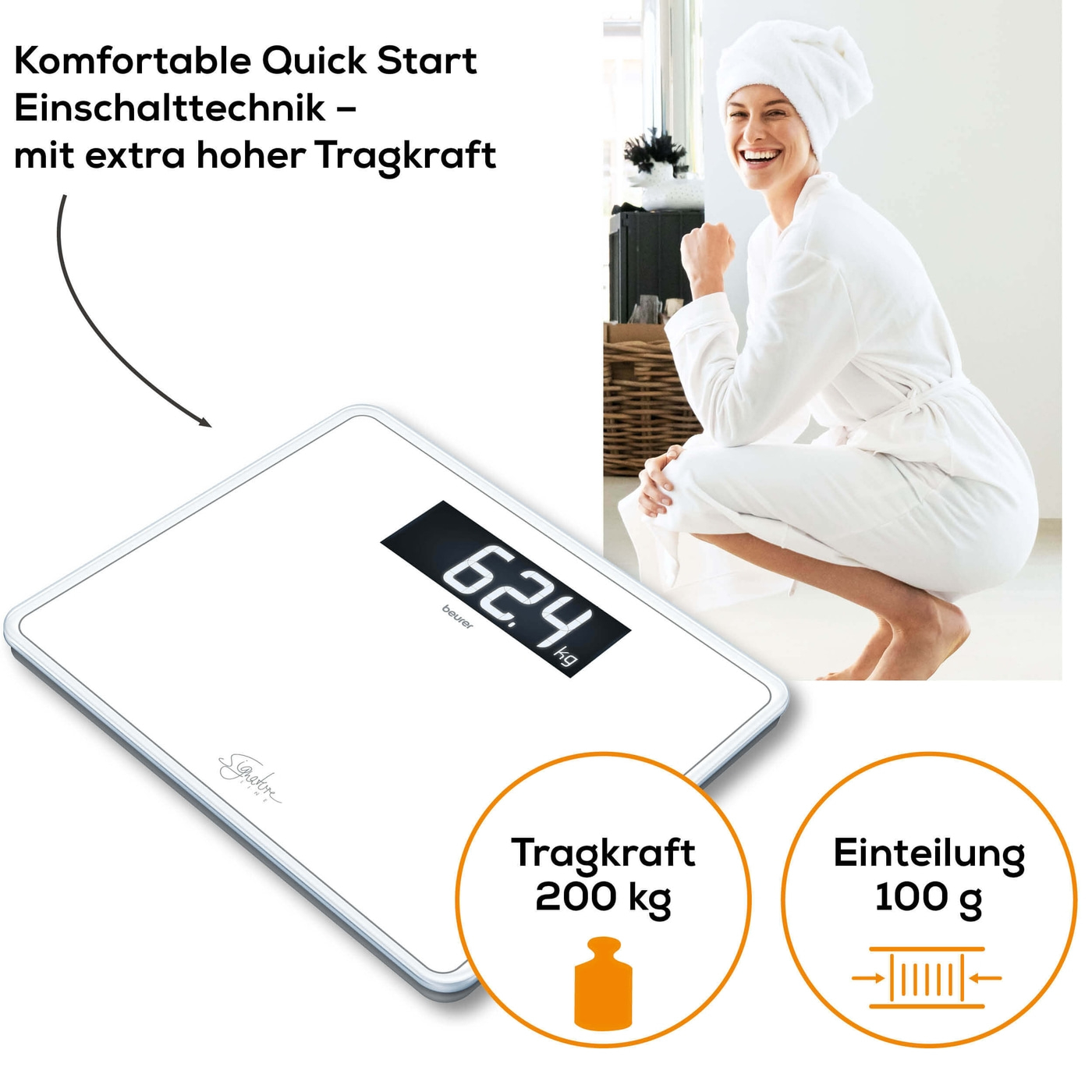 Beurer Glaswaage GS 410 SignatureLine White-Personenwaage aus Glas im edlen Design & großer Zifferngröße - bis 200 kg