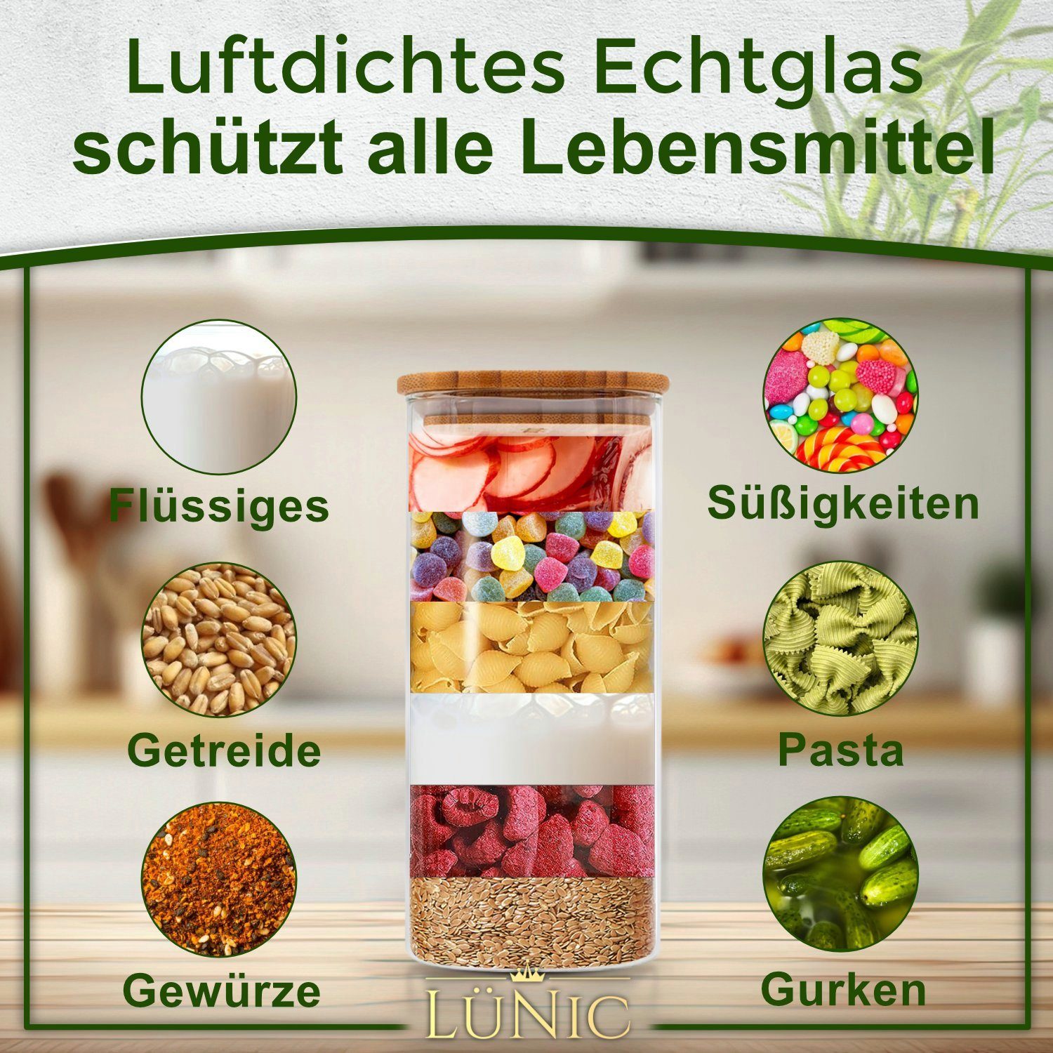 LÜNIC Vorratsglas Vorratsbehälter Glasbehälter Vorratsdosen, Borosilikatglas, (2-tlg., 1500ml), mit Bambusdecke, eckig