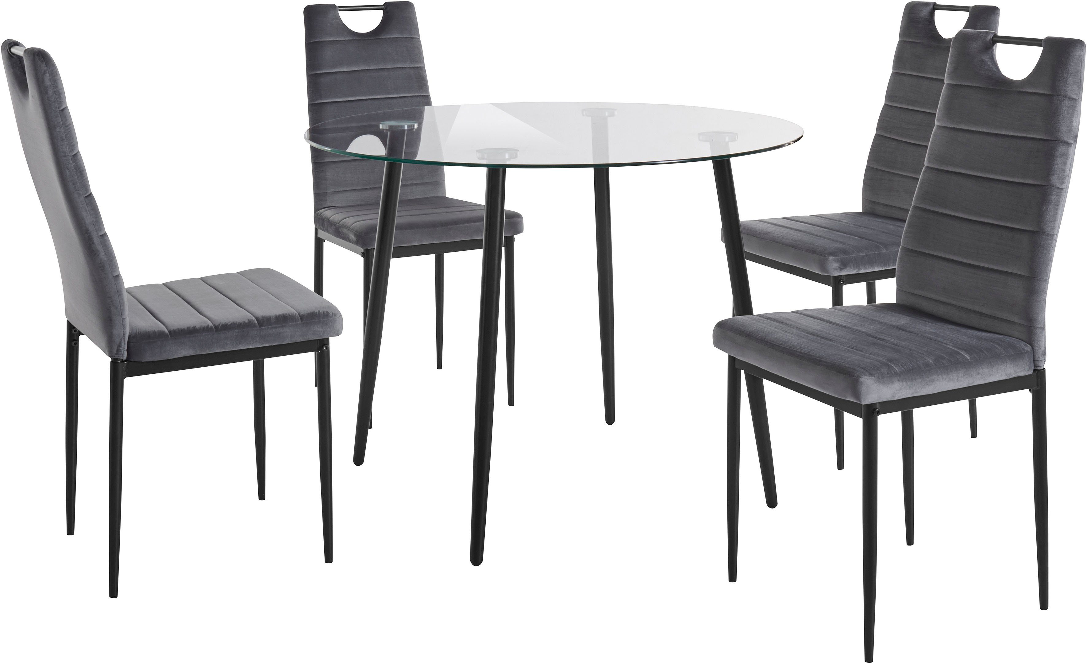 INOSIGN Essgruppe, (Set, 5-tlg), runder Glastisch, Ø 100 cm und 4 Esszimmerstühlen, Bezug aus Samtstoff