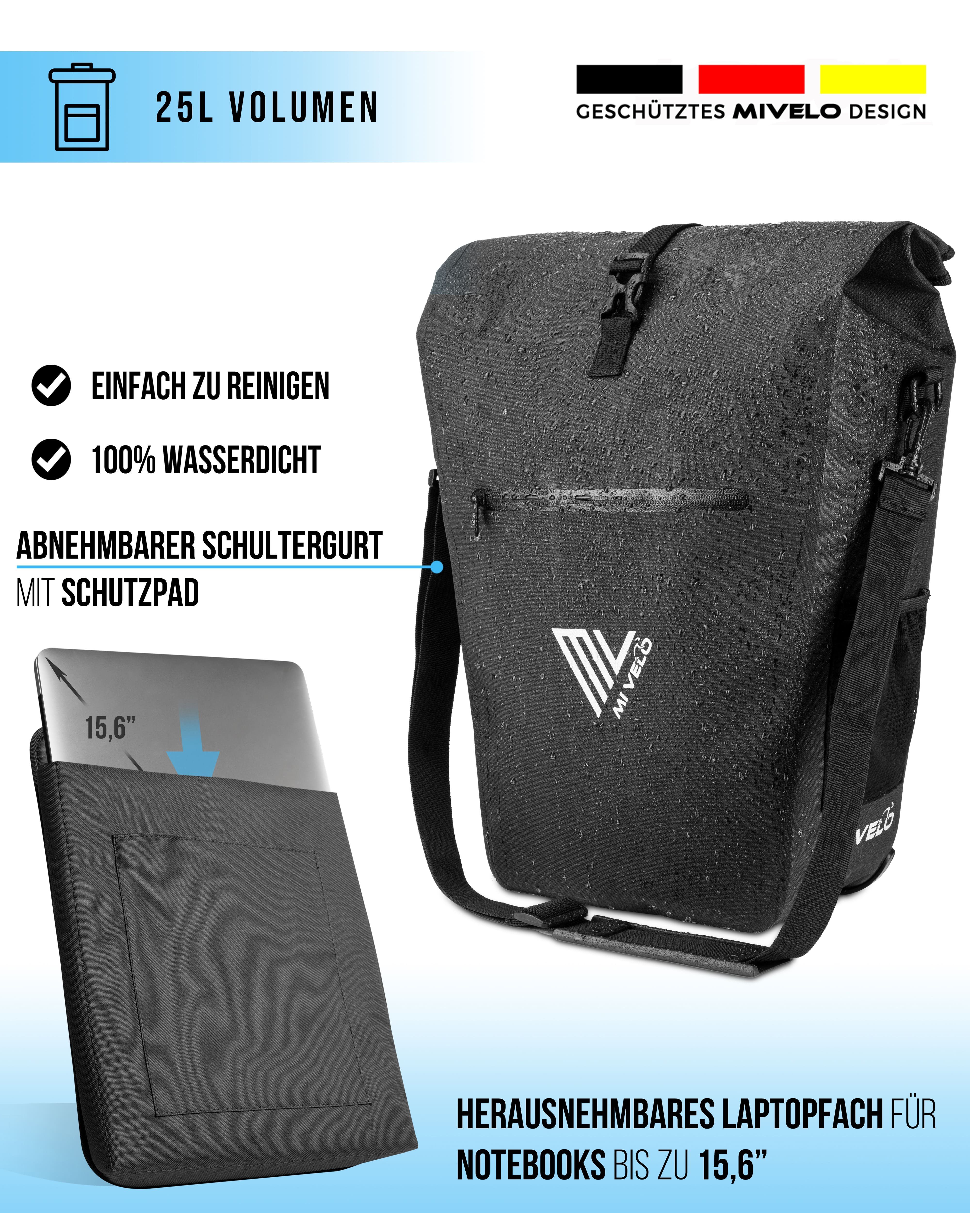 MIVELO Fahrradtasche Gepäckträgertasche wasserdicht inkl. Laptoptasche