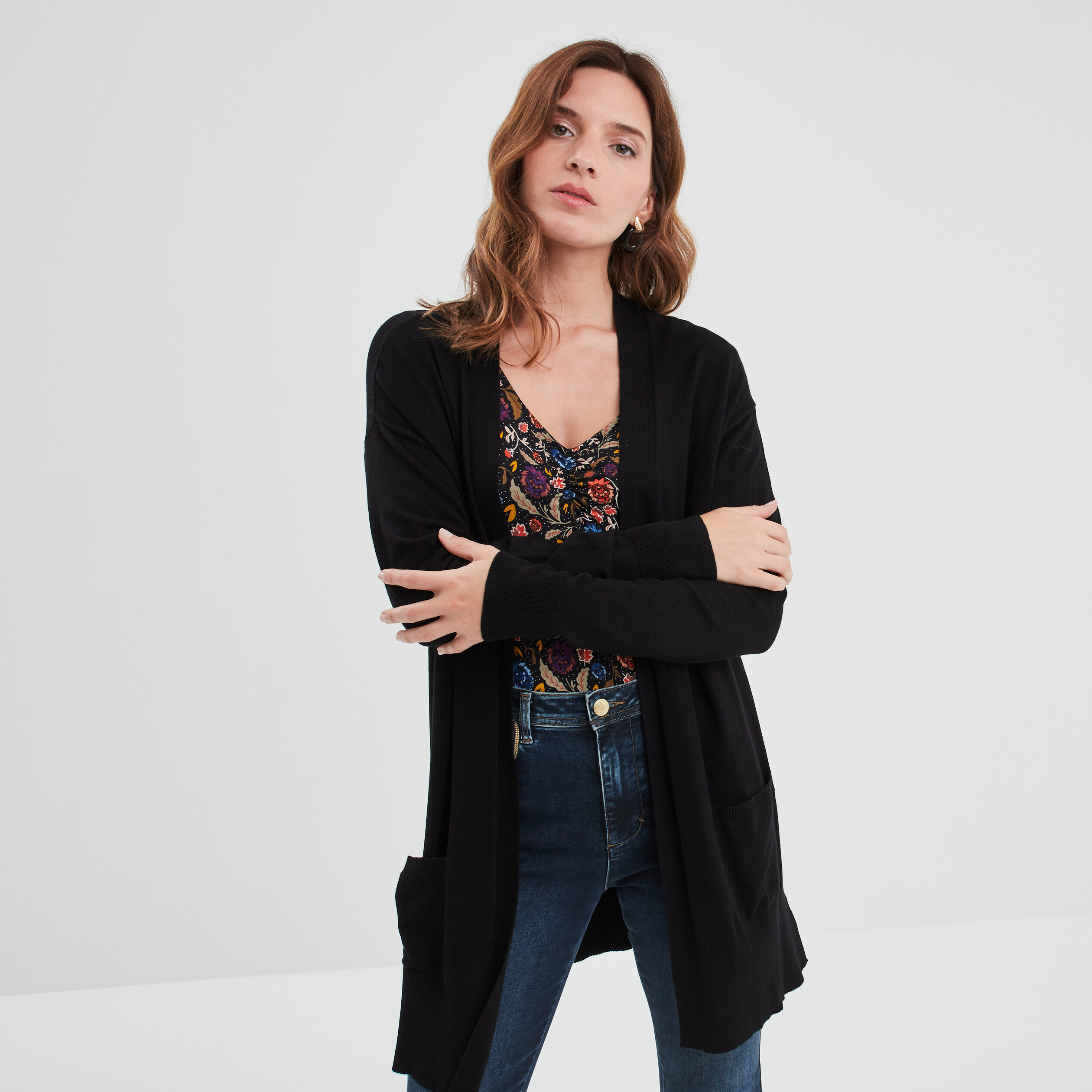 Gilet mi-long manches longues noir femme | La Halle