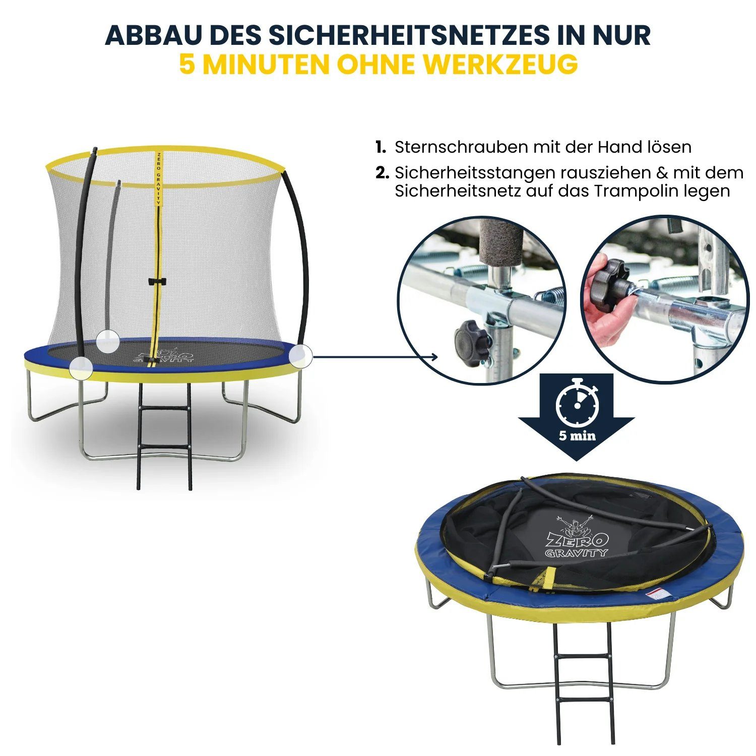 Zero Gravity Gartentrampolin Ø183/244/305/366/427 cm, Leiter & Sicherheitsnetz, TÜV cert, Trampolin, Ø 244 cm, Quick-Fold Sicherheitsnetz, keine Schweißnähte, Outdoor
