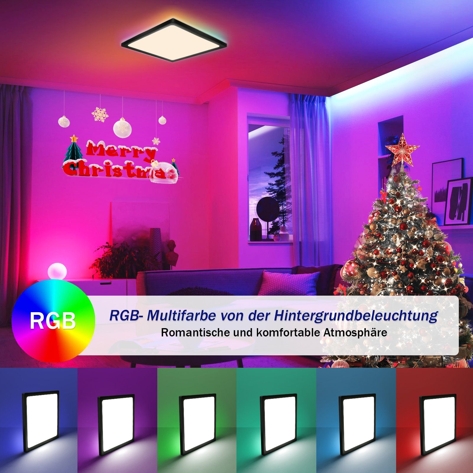 ZMH LED Deckenleuchte IP44 RGB Hintergrundleuchtung 28W Dünn Flach mit Fernbedienung, Dimmbar, LED fest integriert, warmweiß-kaltweiß