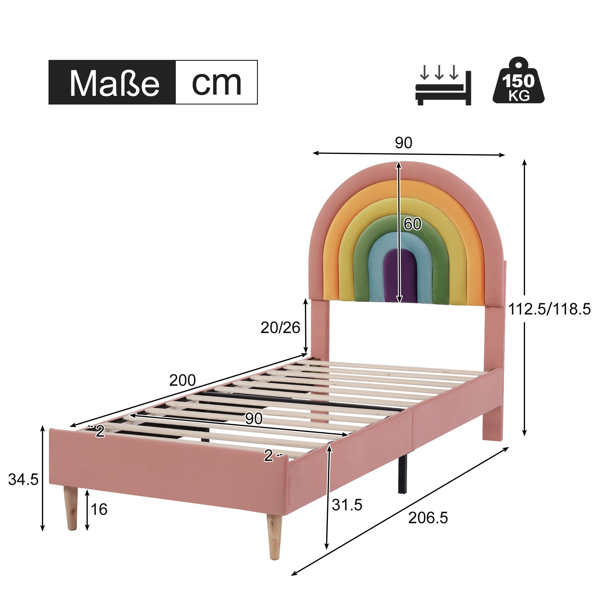 Flieks Polsterbett, Kinderbett mit verstellbarem Regenbogen-Kopfteil 90x200cm Samt