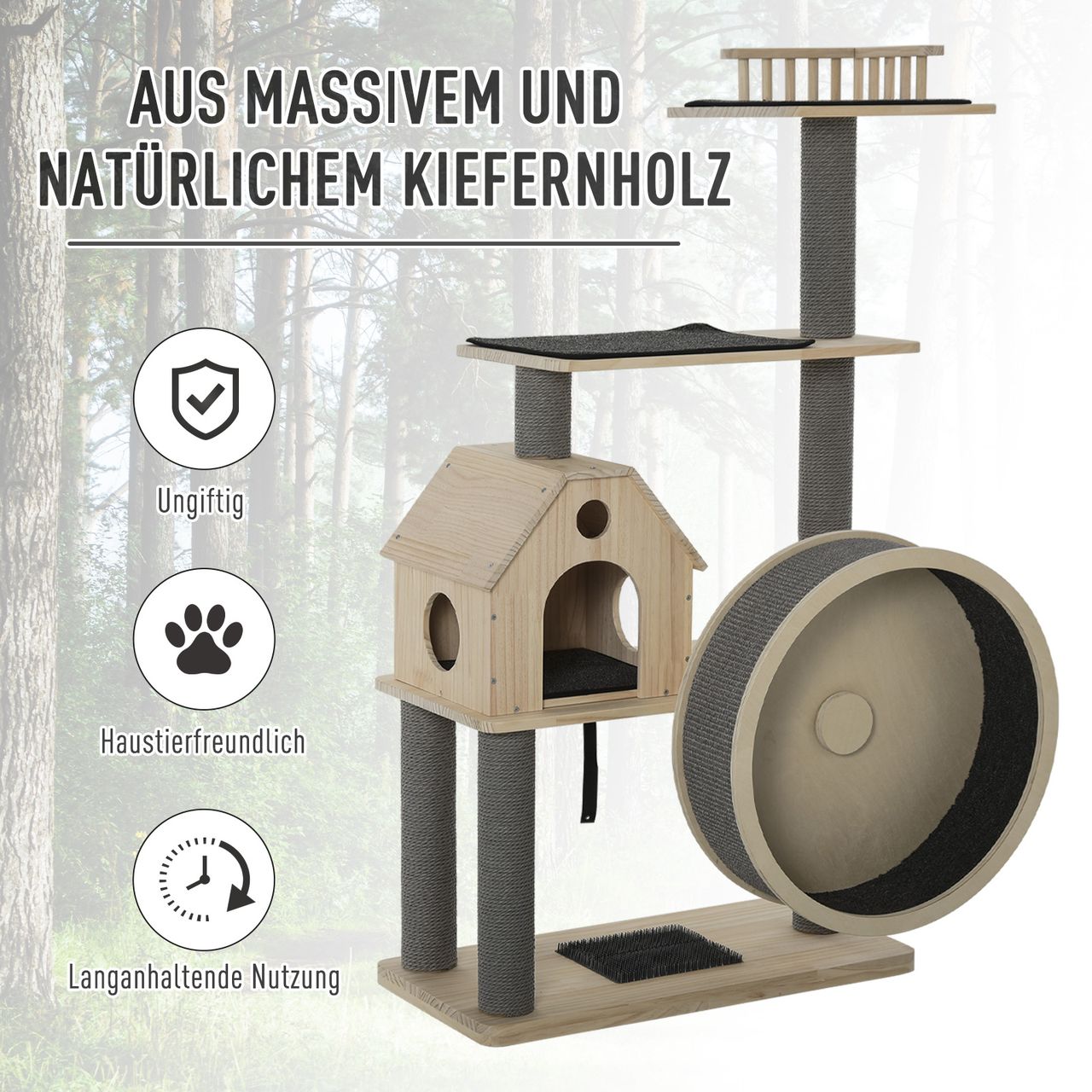 PawHut Katzenbaum mit Laufrad, 4-Stock Kratzbaum, Katzenhaus mit Sisalsäulen, Katzenhöhle, Massivholz 80 x 50 x 143 cm