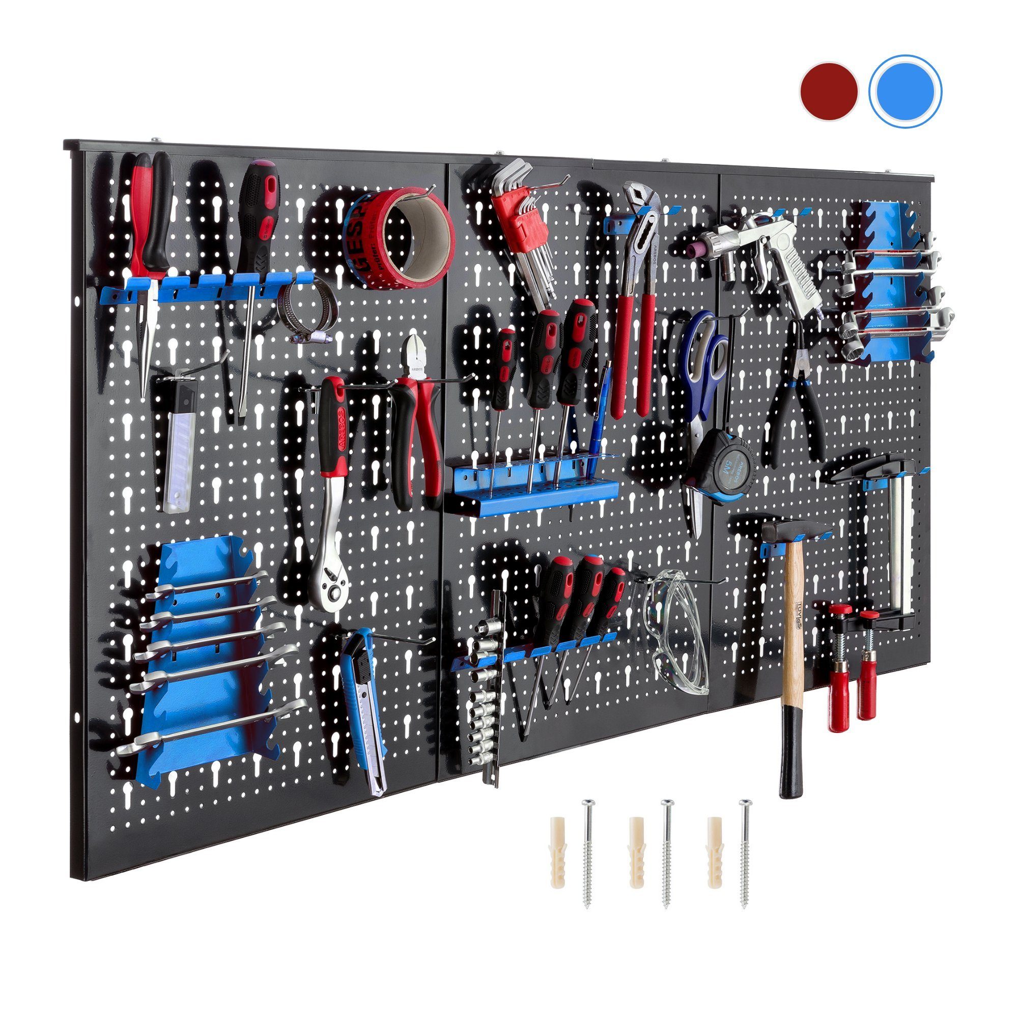 Arebos Lochwand Werkzeugwand dreiteilig, 17-teiliges Hakenset Rot/Blau, 3 Stk., mit 17 Haken, (Set)