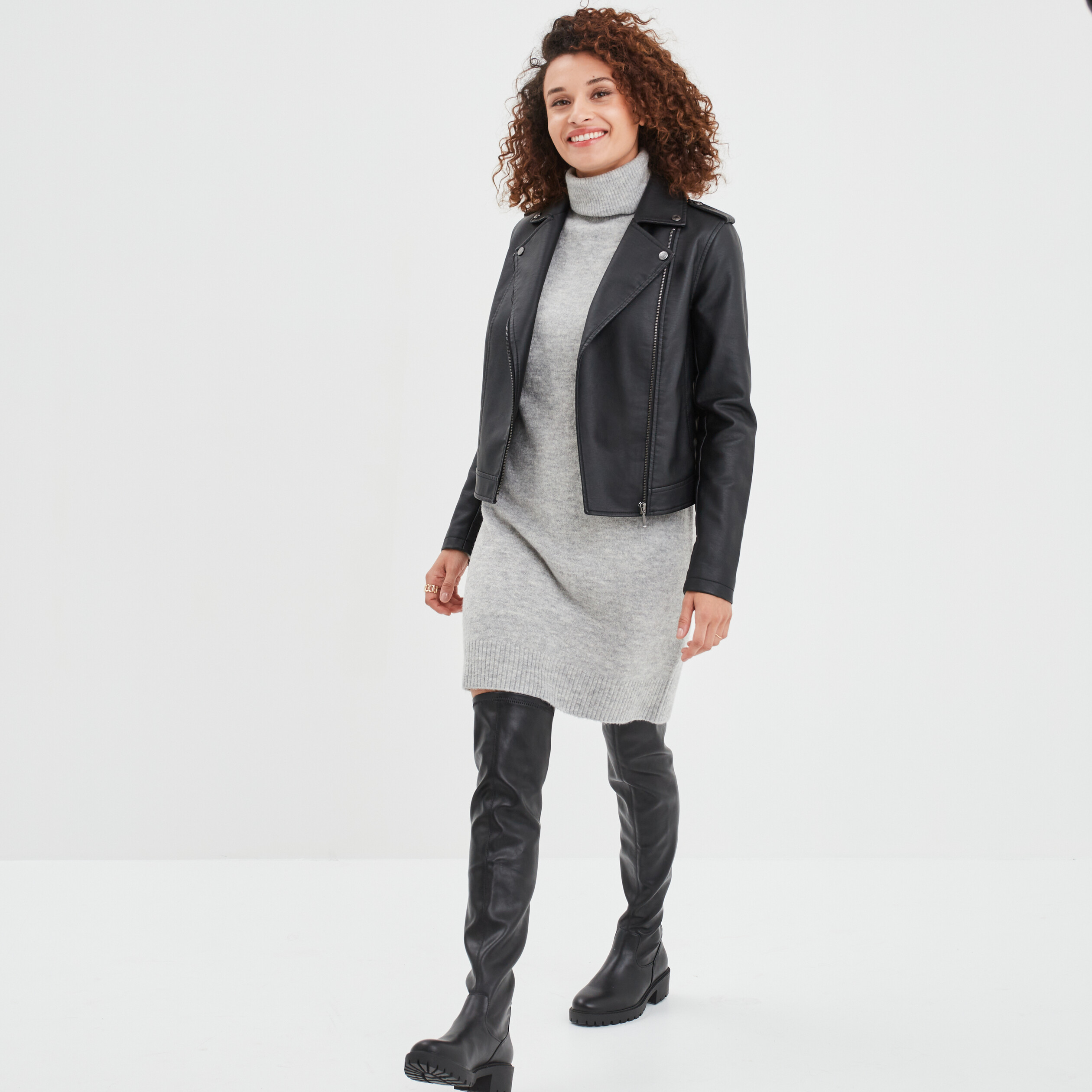 Robe pull col roulé courte droite gris clair femme | La Halle