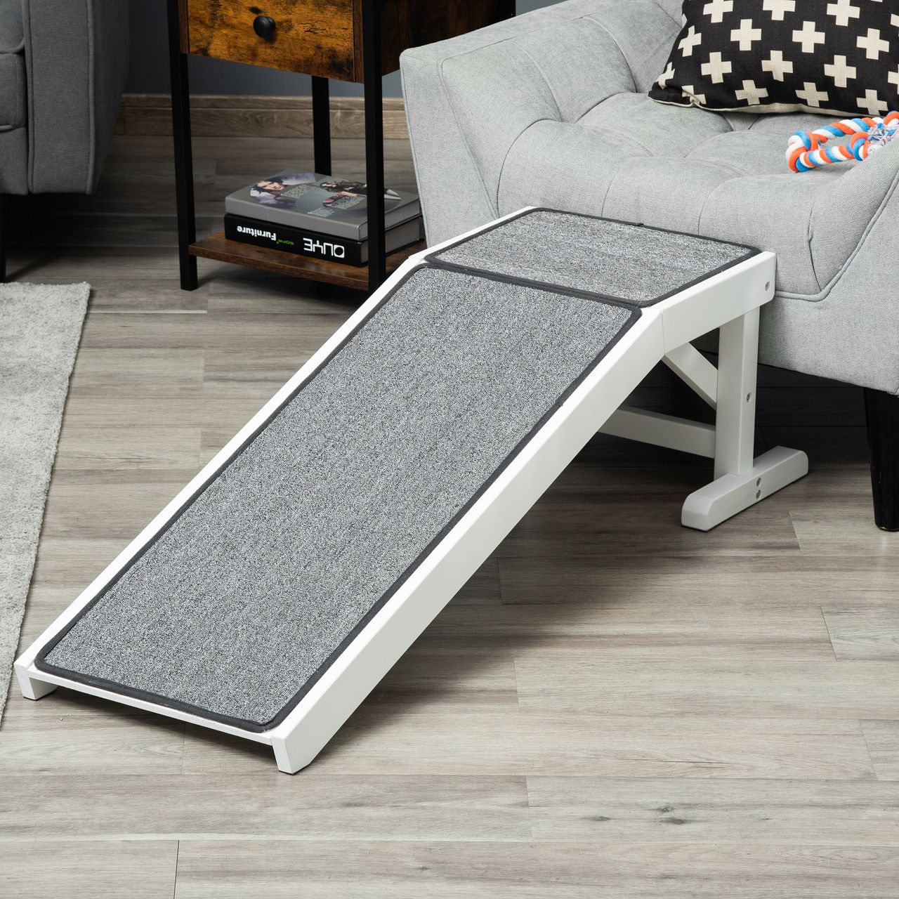PawHut Haustierrampe mit rutschfestem Teppich Haustierleiter Hunderampe für Hund bis 30 kg Kiefernholz Polyester Weiß Grau 125 x 40 x 35,5 cm