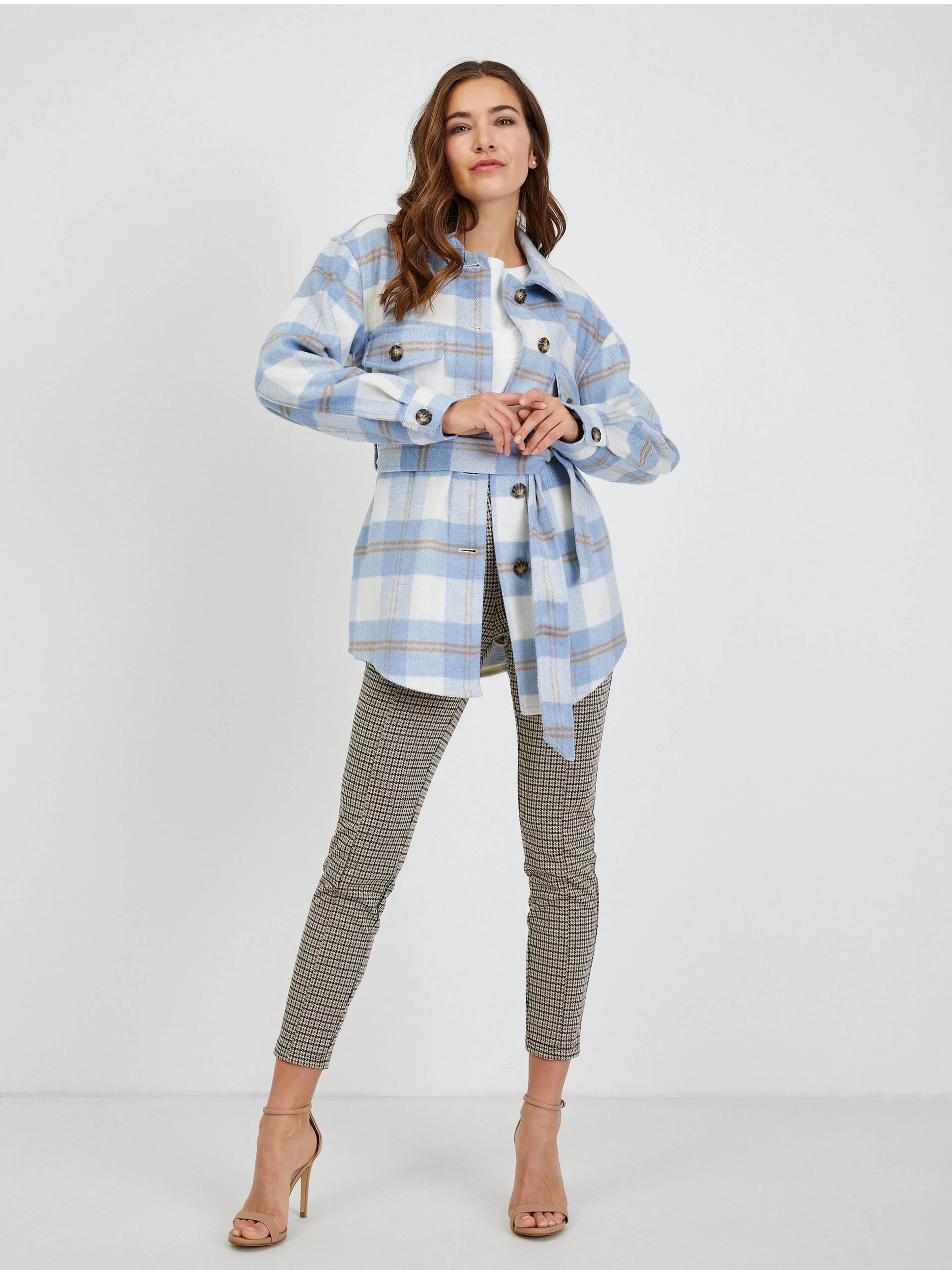 Weiß-blau karierte Damen-Hemdjacke mit Bindung ORSAY
