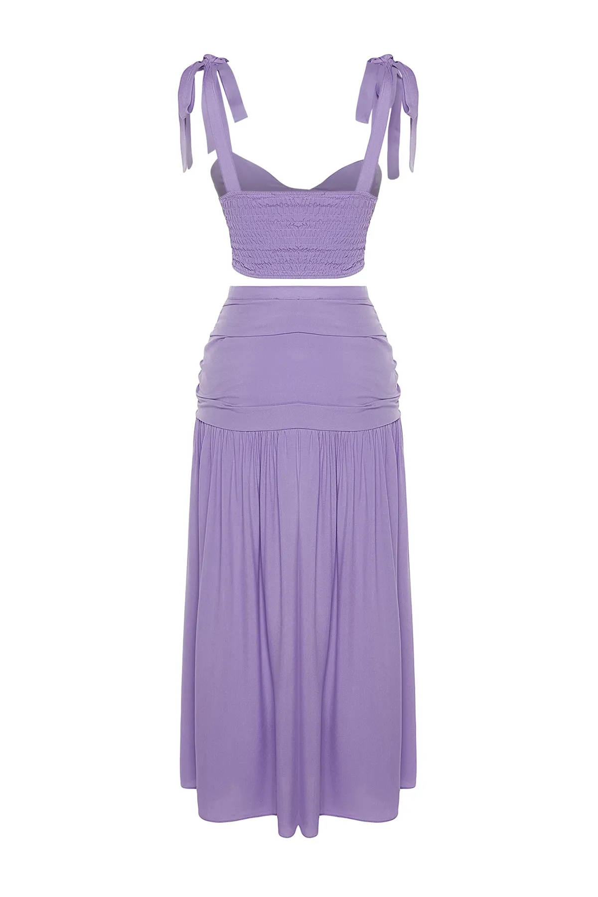 Trendyol Collection  Lilafarbenes, gewebtes Blusen-Rock-Set mit Bindeband TBESS23AU00182