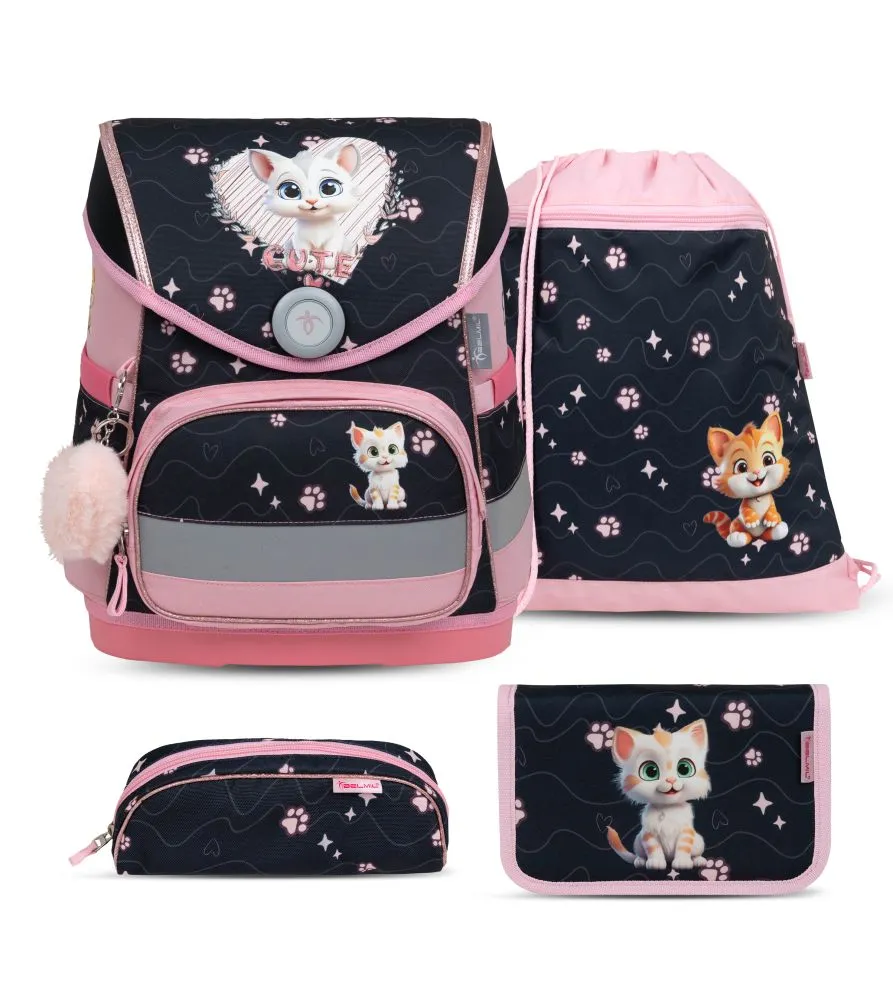 Belmil Compact Schulranzen Set 4-teilig mit Brustgurt - Cute Kitten