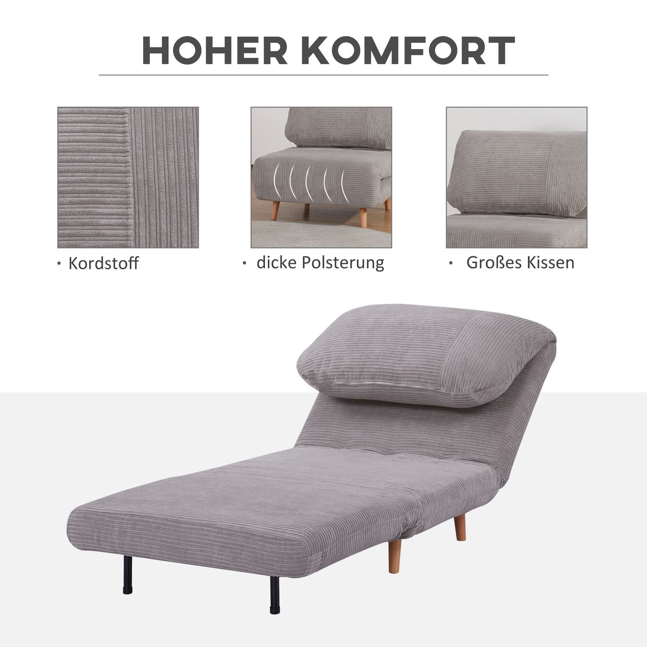 HOMCOM 2-in-1 Schlafsofa Schlafsessel Klappmatratze Gästebett Klappbett Hellgrau