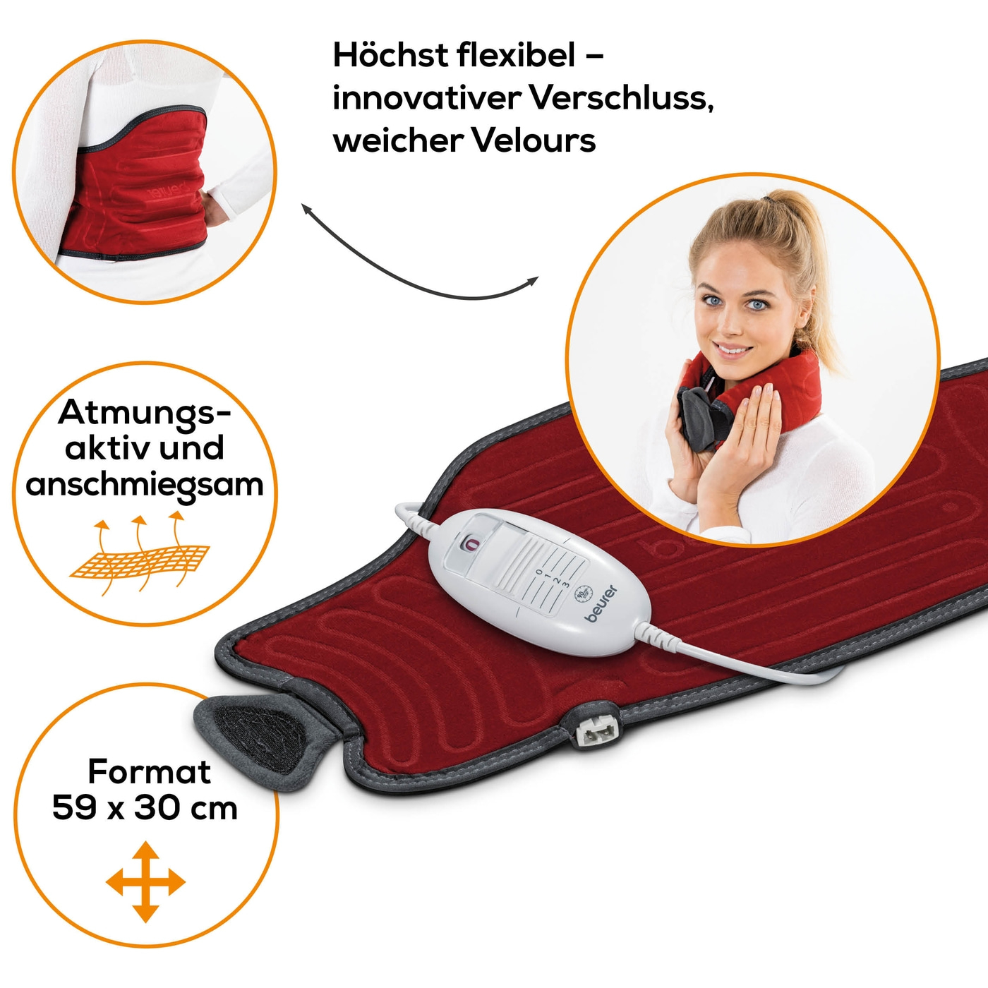 Beurer Heizkissen HK 55 Easyfix-Velours-Heizkissen für Bauch, Rücken & Gelenke mit innovativem Verschluss