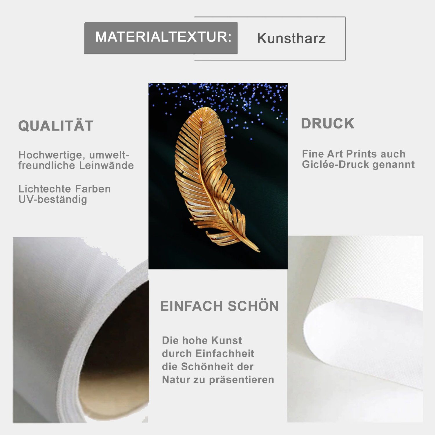 TPFLiving Kunstdruck (OHNE RAHMEN) Poster - Leinwand - Wandbild, Goldene Blätter - (Einzeln und im günstigen 3-er Set - Wanddeko Wohnzimmer), Farben: Gold, Schwarz - Größe: 10x15cm