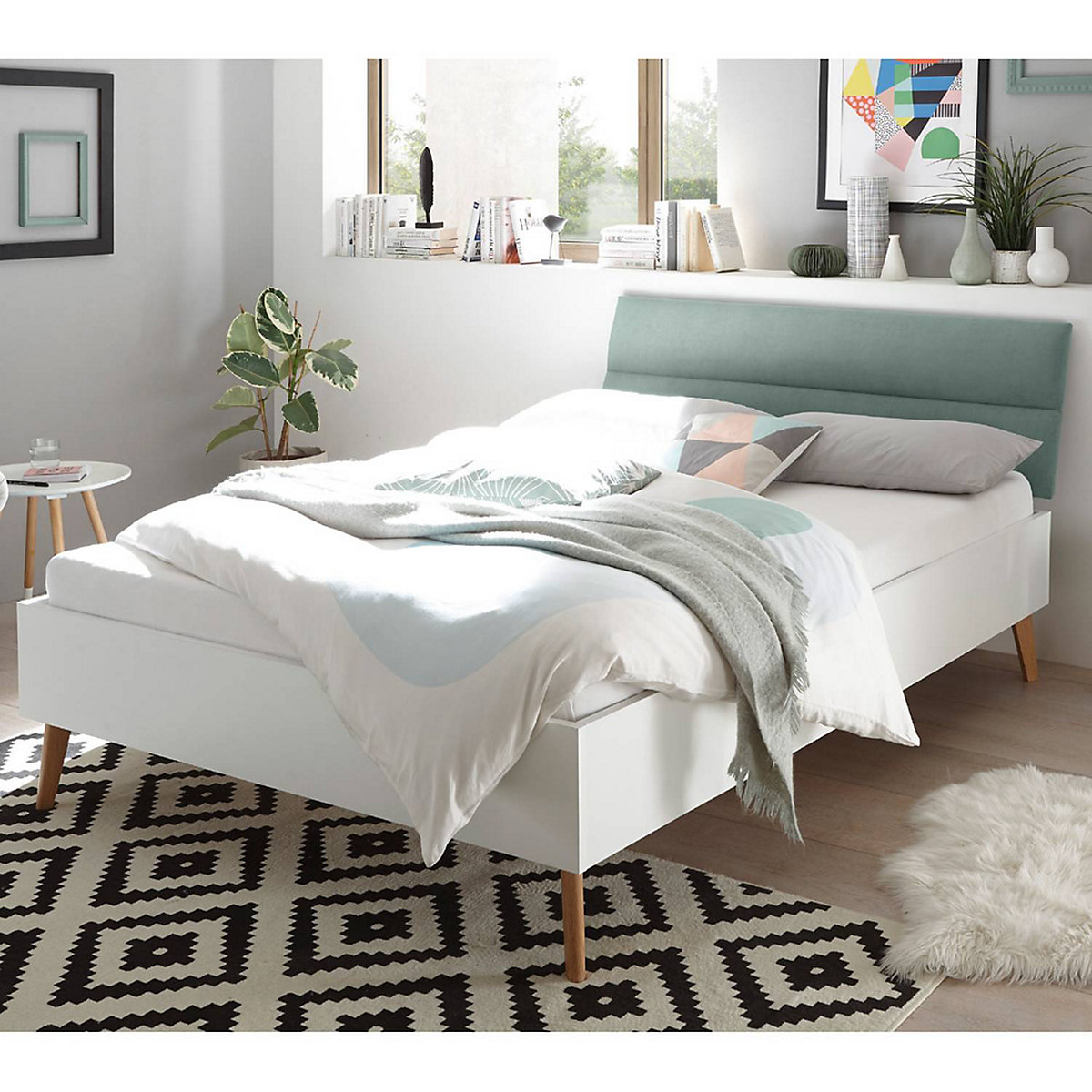 Jugendbett Set mit Nachttisch MAINZ-61, skandinavisches Design, weiß matt, Eiche Riviera und mint grün
