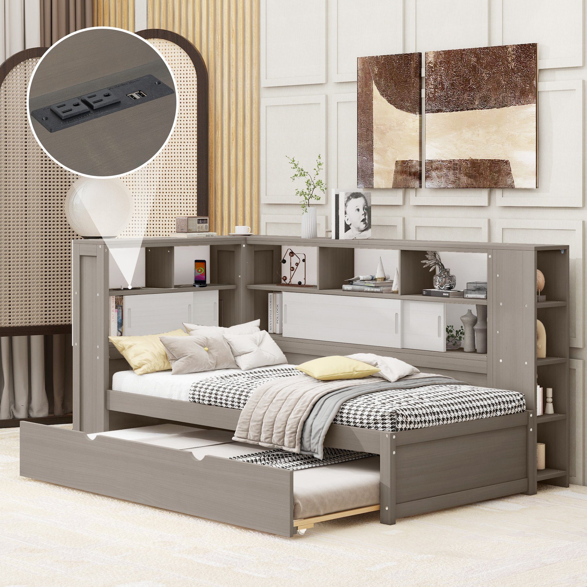 Flieks Massivholzbett, Holzbett 90x200cm mit Ladeanschluss/ Stauraum/ Ausziehbett 90x190cm