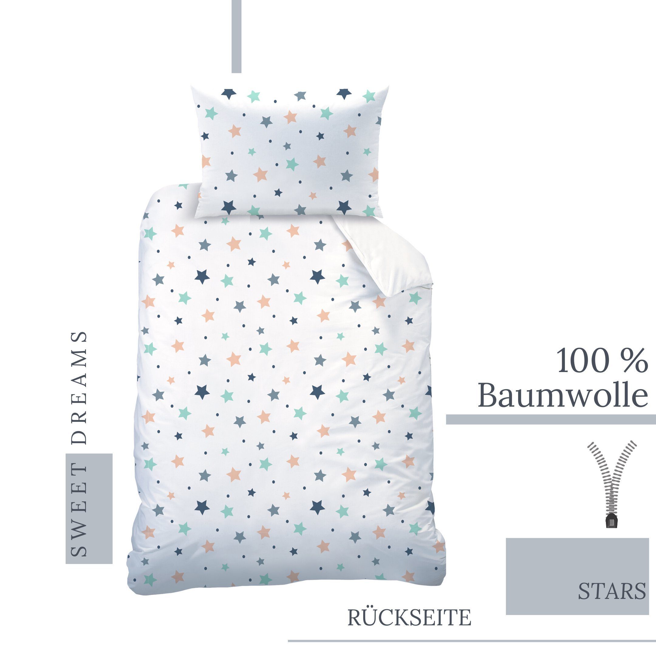 Babybettwäsche Sweet Dreams 100x135 + 40x60 cm, 100 % Baumwolle, MTOnlinehandel, Biber, 2 teilig, Sterne & Wimpern süße Träume Kinderbettwäsche
